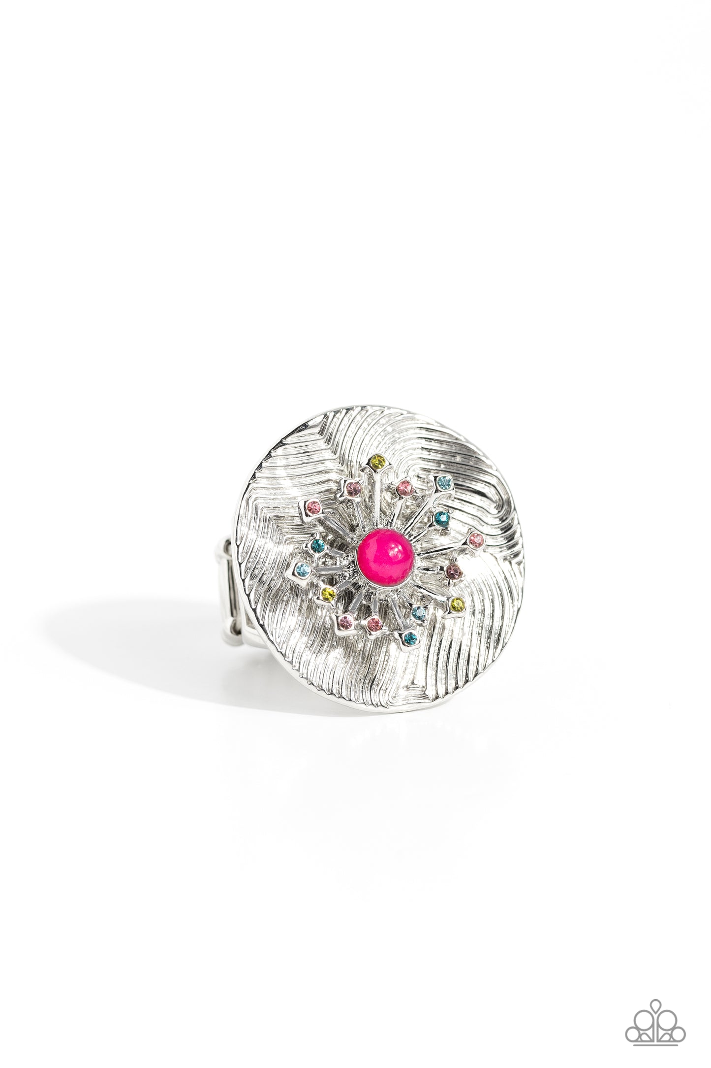 Paparazzi Accessories Seriously SUNBURST - Pink Featuring an oversized, textured backdrop, a dainty 3D sunburst detail, glistening with pink, blue, and olive green rhinestones and a Pink Peacock center standout atop the finger for a sunny pop of color. Fe