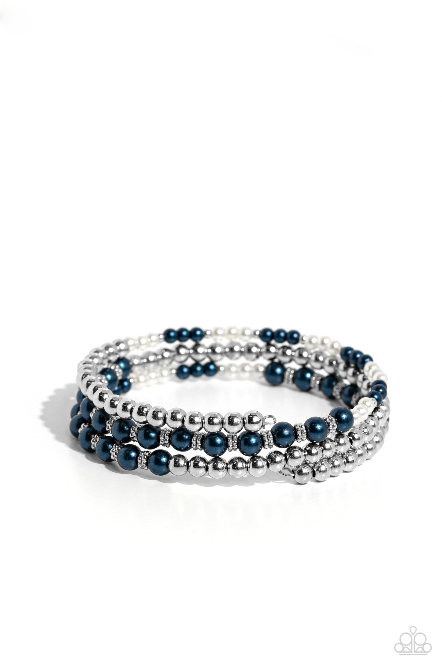 Paparazzi Accessories Just SASSING Through - Blue A collection of bright Montana pearls, white pearls, shiny silver beads and accents are threaded along a wire that coils around the wrist, creating an eye-catching infinity wrap style bracelet. Sold as one