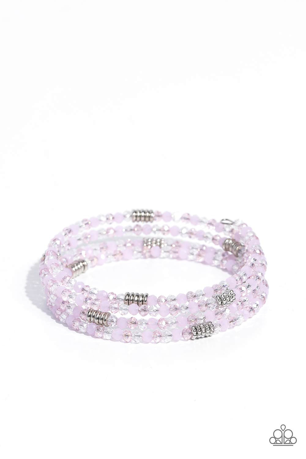 Paparazzi Accessories Dreamy Debut - Pink Sections of clear, silver, and cloudy pink beads are threaded along the wrist in an infinity wrap-style bracelet for a dreamy statement. Sold as one individual brace Jewelry