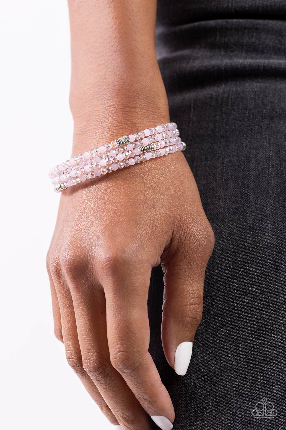 Paparazzi Accessories Dreamy Debut - Pink Sections of clear, silver, and cloudy pink beads are threaded along the wrist in an infinity wrap-style bracelet for a dreamy statement. Sold as one individual brace Jewelry