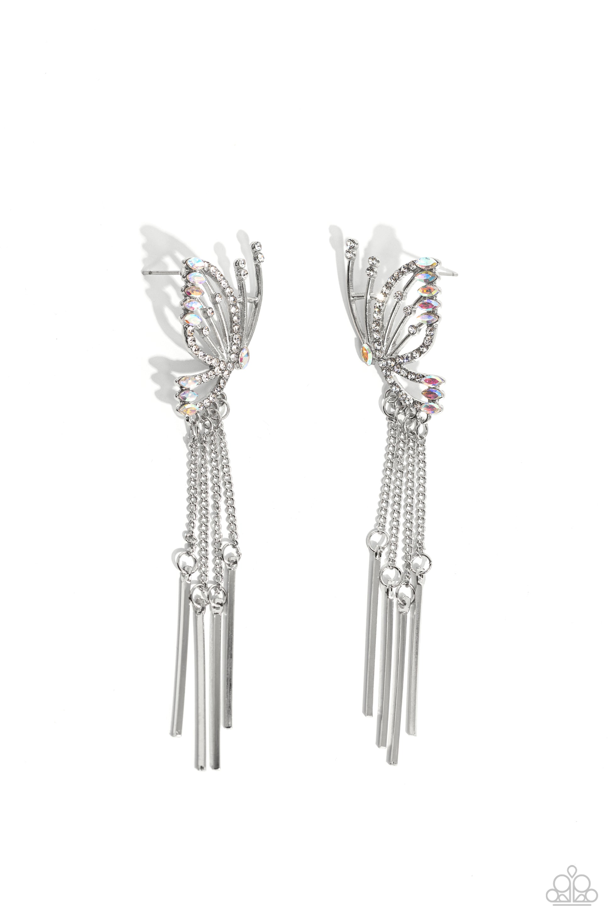 Paparazzi Accessories A Few Of My Favorite WINGS - White Featuring dainty white rhinestones and dainty marquise-cut iridescent gems, a thin, elongated, airy silver butterfly is titled to the side as if about to take off in flight. A collection of dainty s