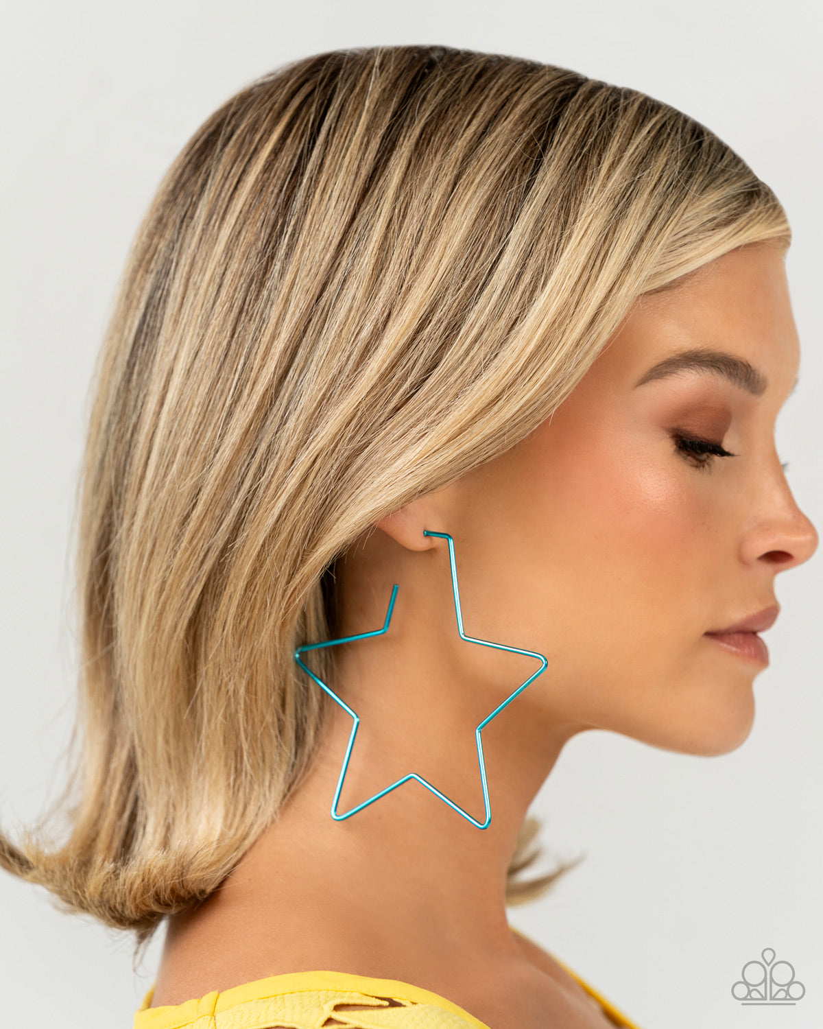 Paparazzi Accessories Starstruck Secret - Blue A thin, oversized blue metallic bar delicately folds into a star-shaped hoop, resulting in a stellar statement. Earring attaches to a standard post fitting. Sold as one pair of hoop earrings. Jewelry