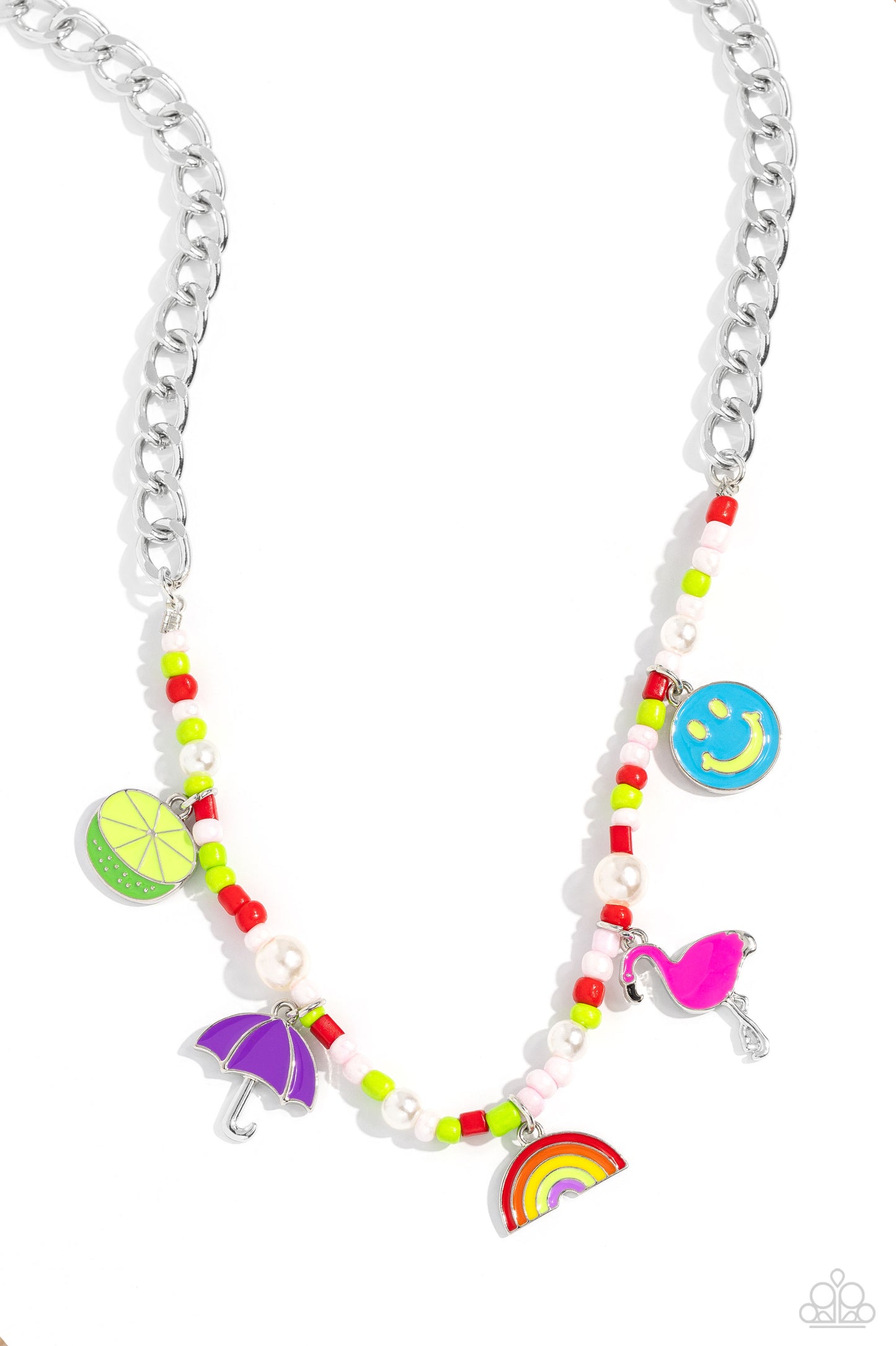 Paparazzi Accessories Summer Sentiment - Red A thick, flat silver curb chain leads down the neckline to a section of red, baby pink, and Kohlrabi seed beads and various-sized white pearls. A collection of seasonal charms gather along the colorful display,
