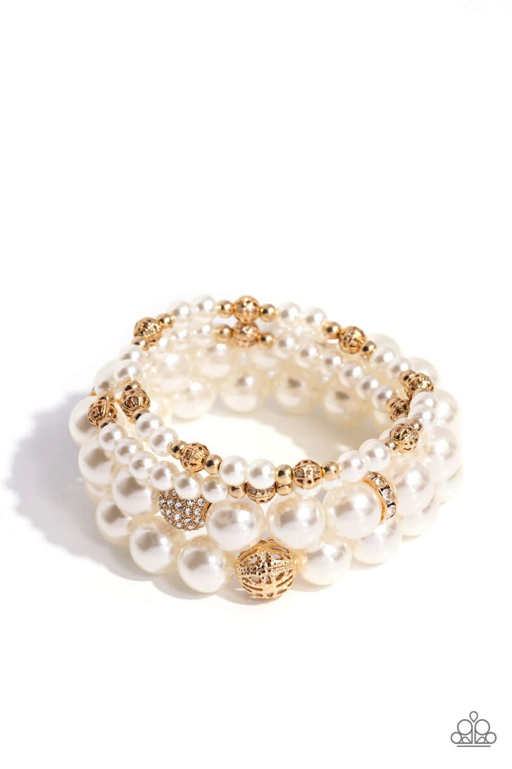 Paparazzi Accessories Vastly Vintage - Gold Infused with white rhinestone-encrusted gold beads, white rhinestone-encrusted discs, and textured gold beads, a bubbly collection of mismatched white pearls are threaded along stretchy bands around the wrist fo