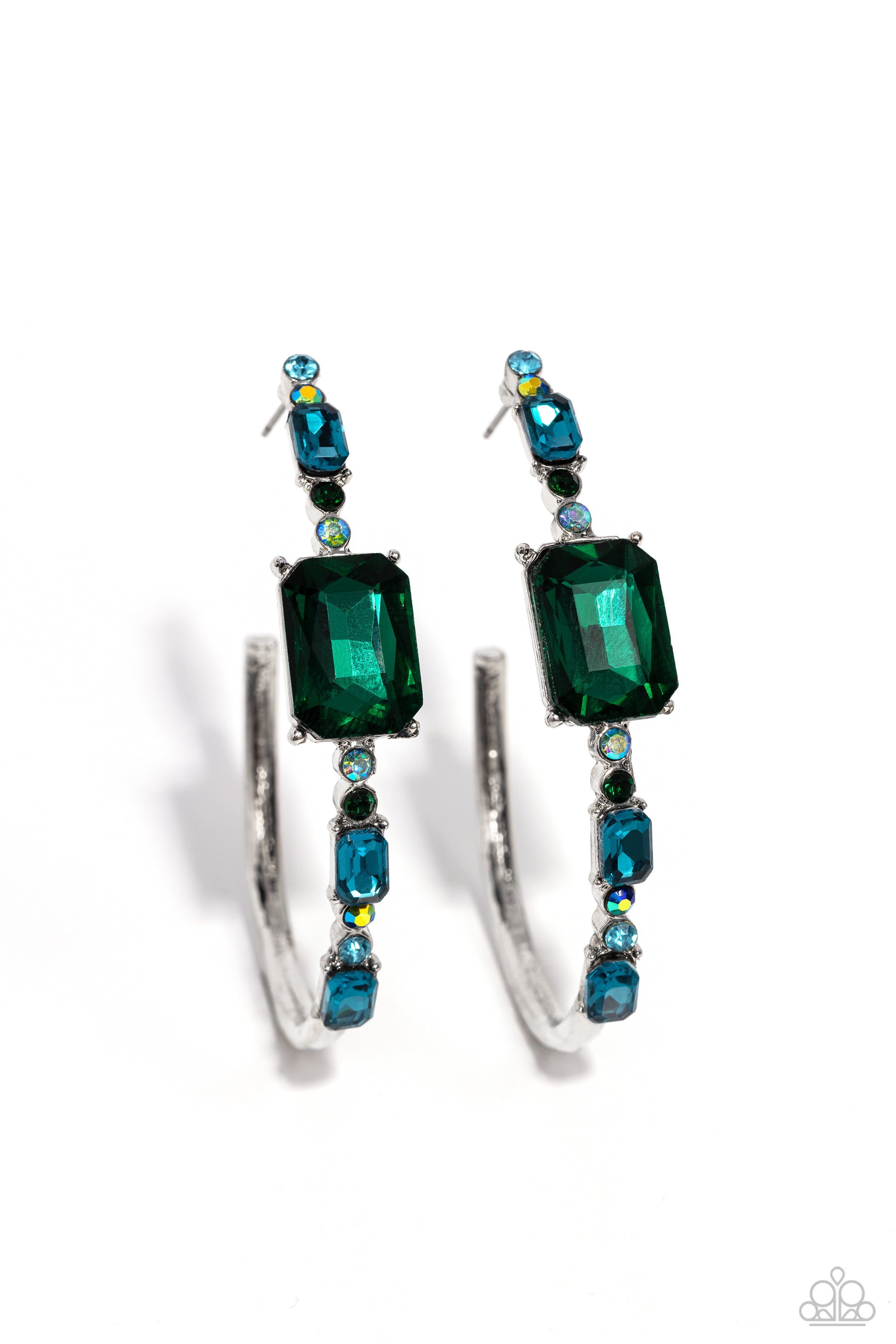 Paparazzi Accessories Elite Ensemble - Green Encrusted in round and emerald-cut aquamarine and emerald gems, some featuring an iridescent sheen, an exaggerated oblong silver hoop curls around the ear, refracting light in a dramatic, knockout finish. Earri