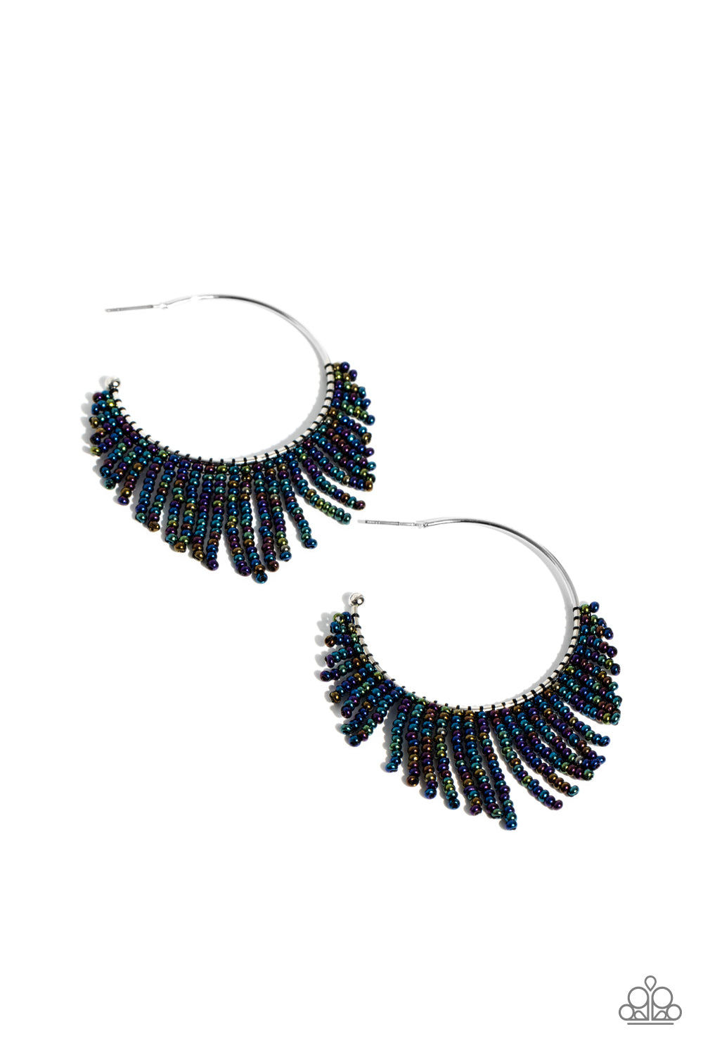 Paparazzi Accessories Tailored Tassel - Multi Cascading strands of oil spill seed beads stream out from the bottom of a classic silver hoop, resulting in a flirtatiously tasseled look. Earring attaches to a standard post fitting. Hoop measures approximate