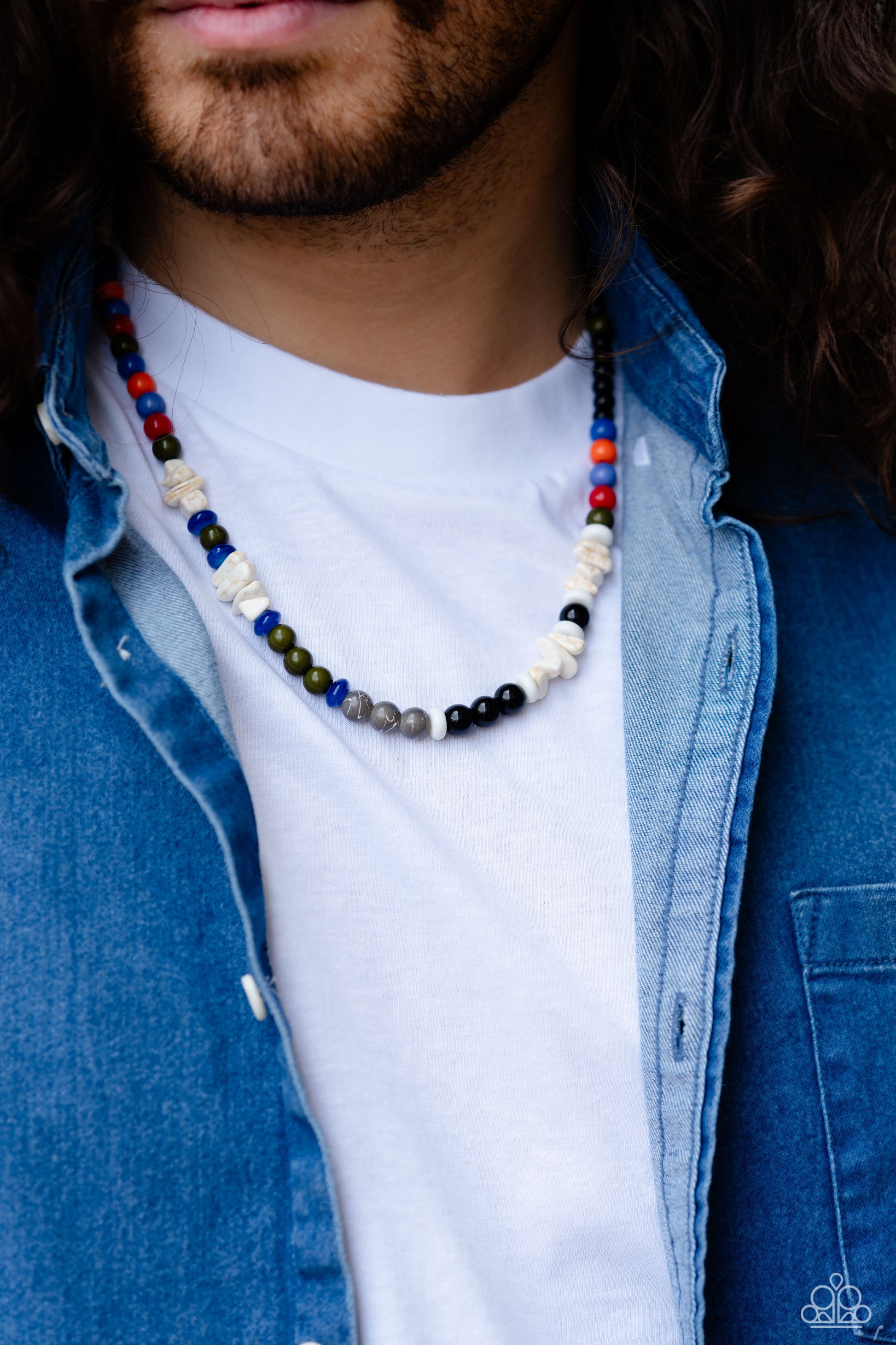 Paparazzi Accessories Beaded Bravery - Multi Colorful sections of multicolored beads and gray crackle bead accents adorn a strand of chiseled and round white marbled stones and stone beads, creating an earthy compliment below the collar. Features an adjus