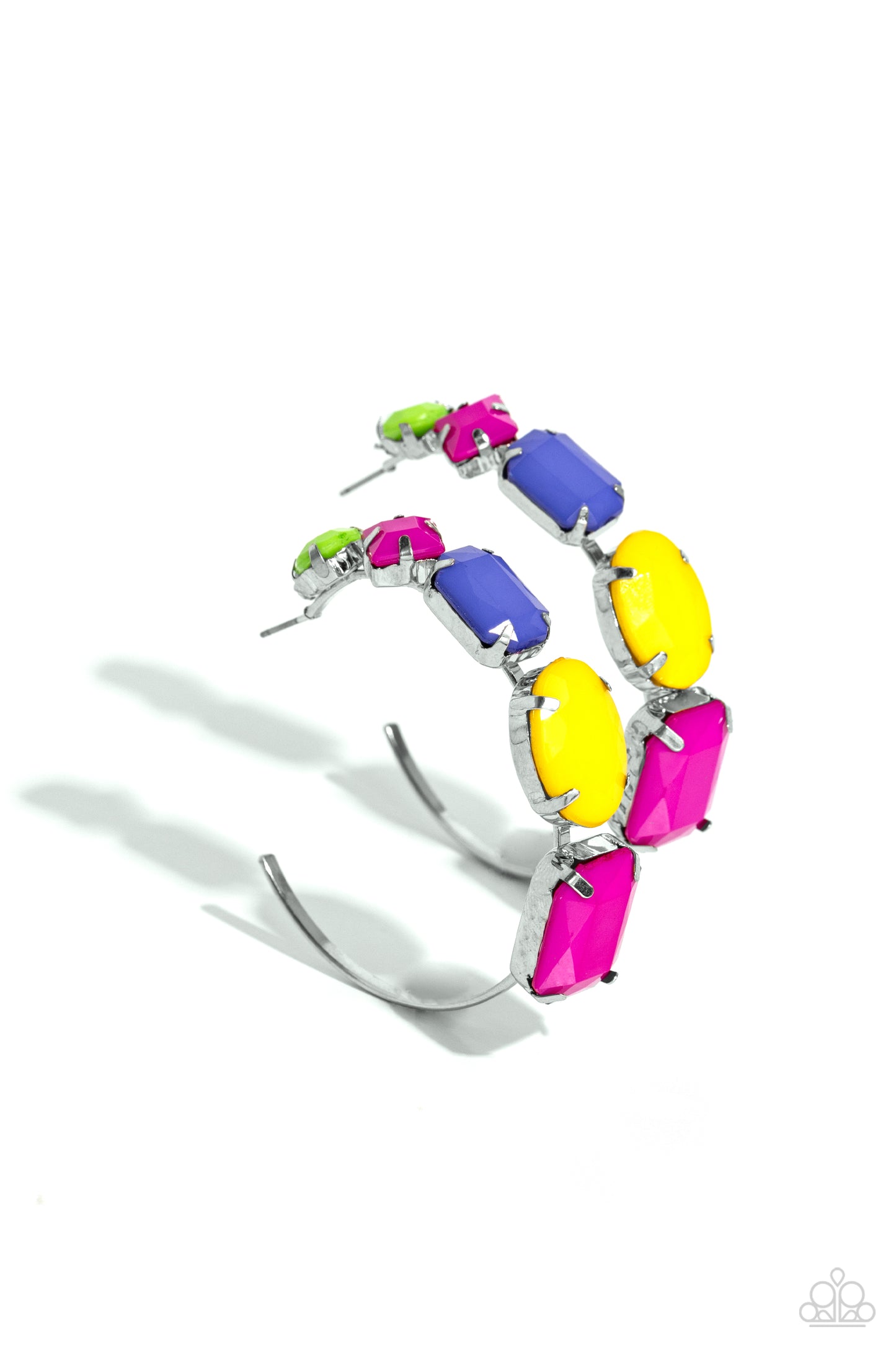 Paparazzi Accessories Geometric Gamer - Pink A charming collection of geometrically pronged Kohlrabi, Rose Violet, Persian Jewel, and High Visibility shapes gradually increases in size as they adorn the front of a classic silver hoop resulting in a youthf