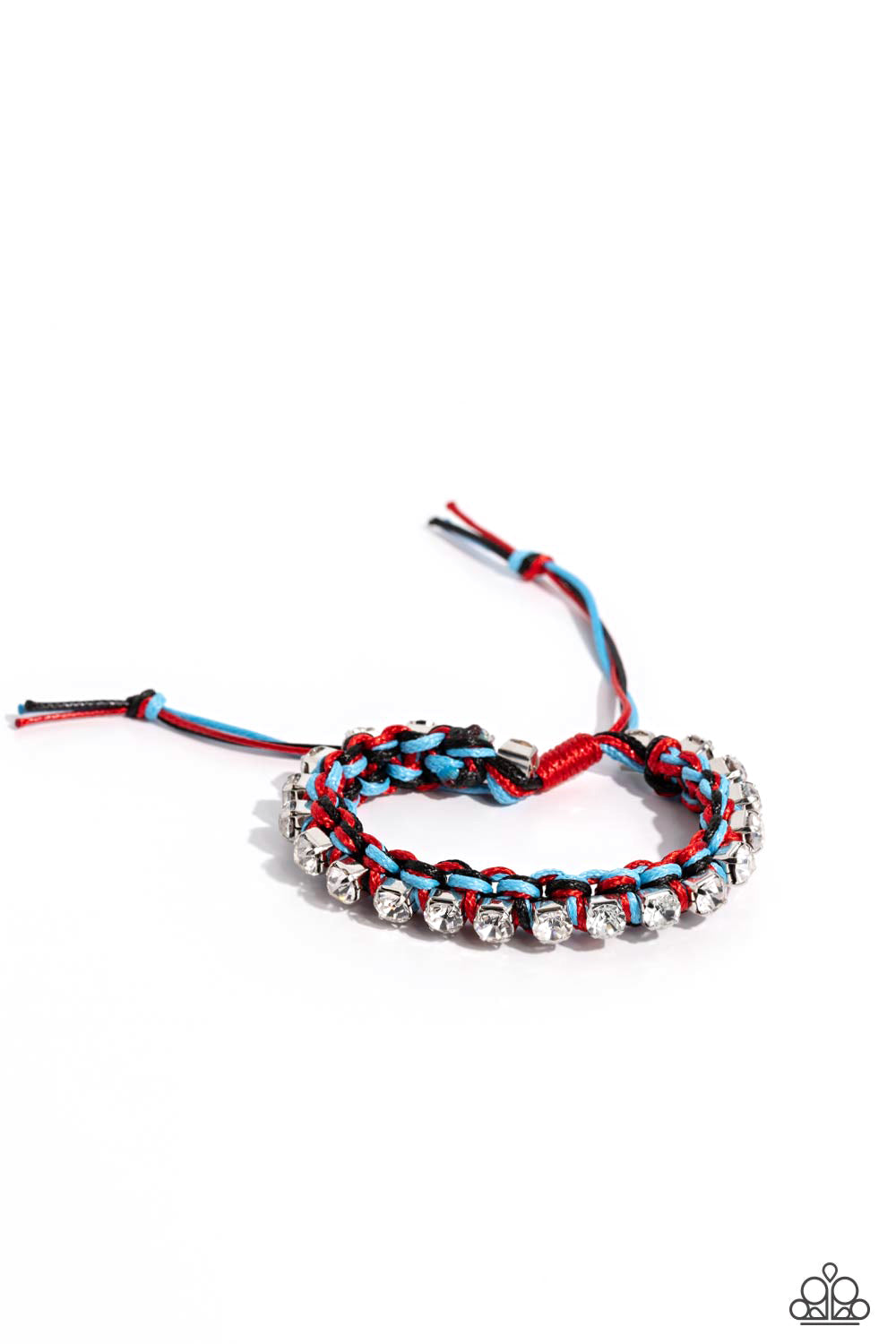 Paparazzi Accessories The Next Big STRING - Black Strands of black, blue, and red cording ornately weave across the wrist, creating an earthy braid. Sporadically dotted through the cording, white rhinestones, set in silver square fittings add a bit of liv