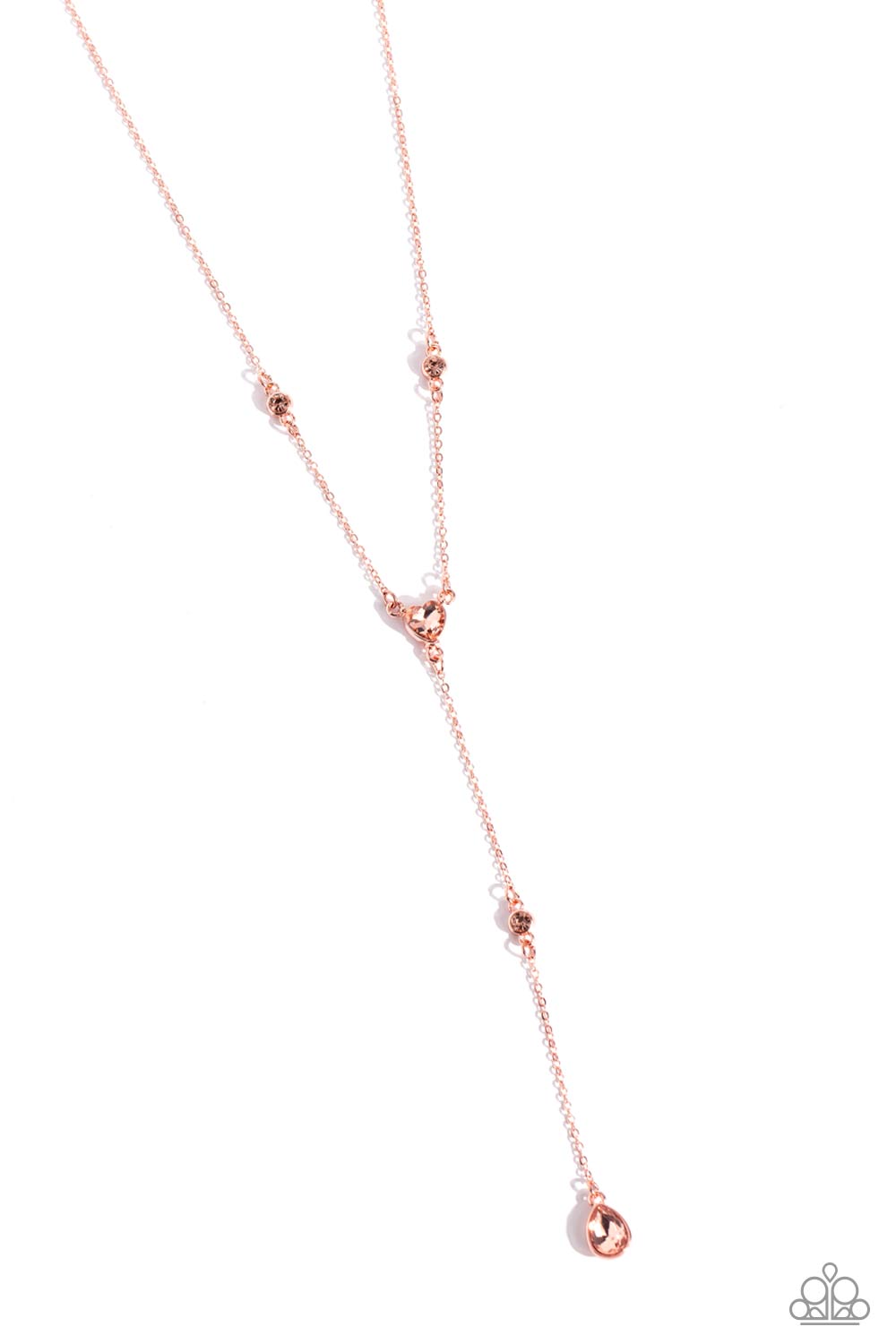Paparazzi Accessories Lavish Lariat - Copper Dainty strands of glistening shiny copper chain delicately knot into a timeless tassel for a refined flair. Peachy gems in varying sizes and in round, teardrop, and heart applications are infused along the shin