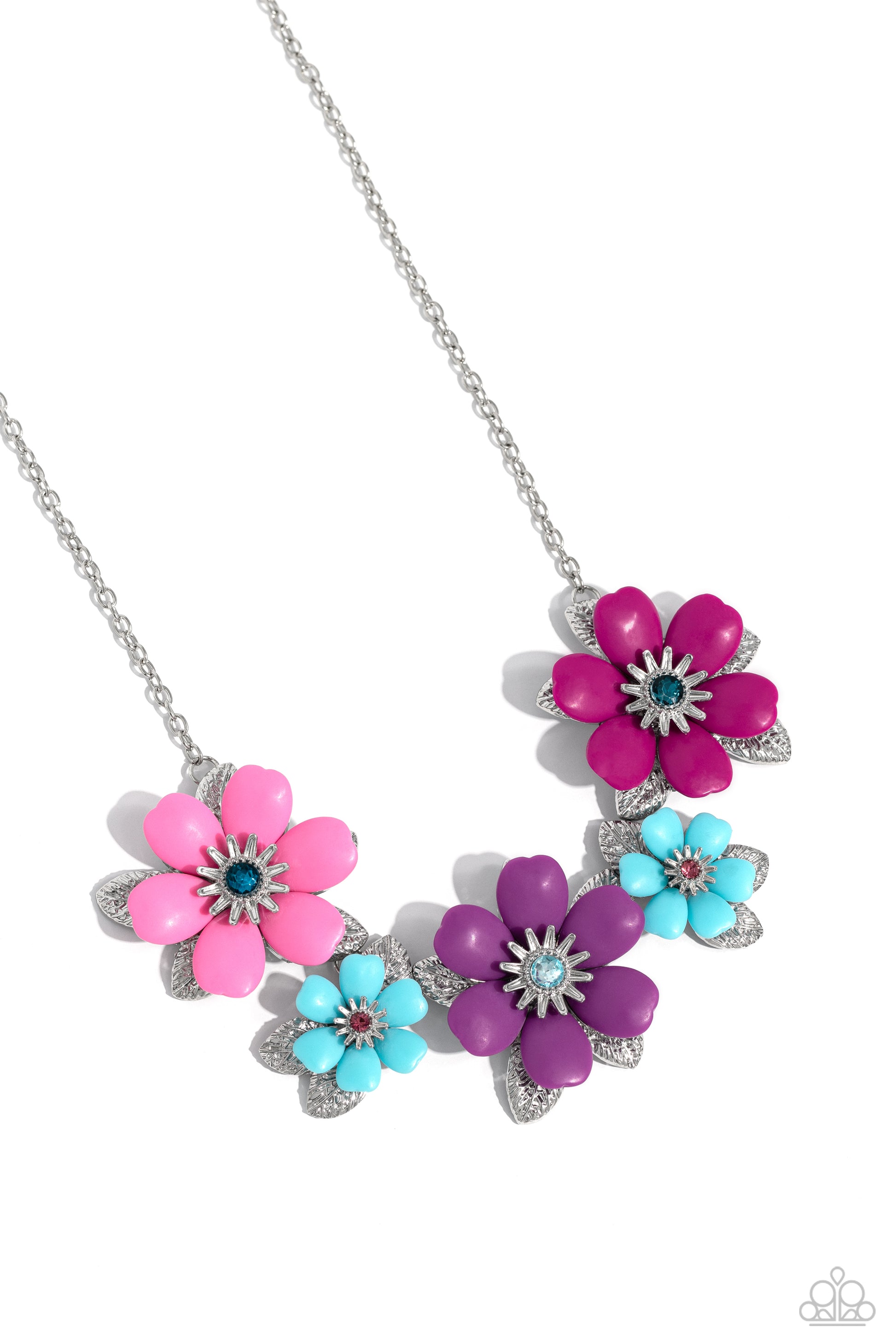 Paparazzi Accessories Well-Mannered Whimsy - Pink Dotted with dainty Harbor Blue, aquamarine, and rose rhinestone centers, dainty silver flowers bloom against a backdrop of glossy acrylic flowers in Aurora Pink, Rose Violet, Cattleya Orchid, and Spun Suga