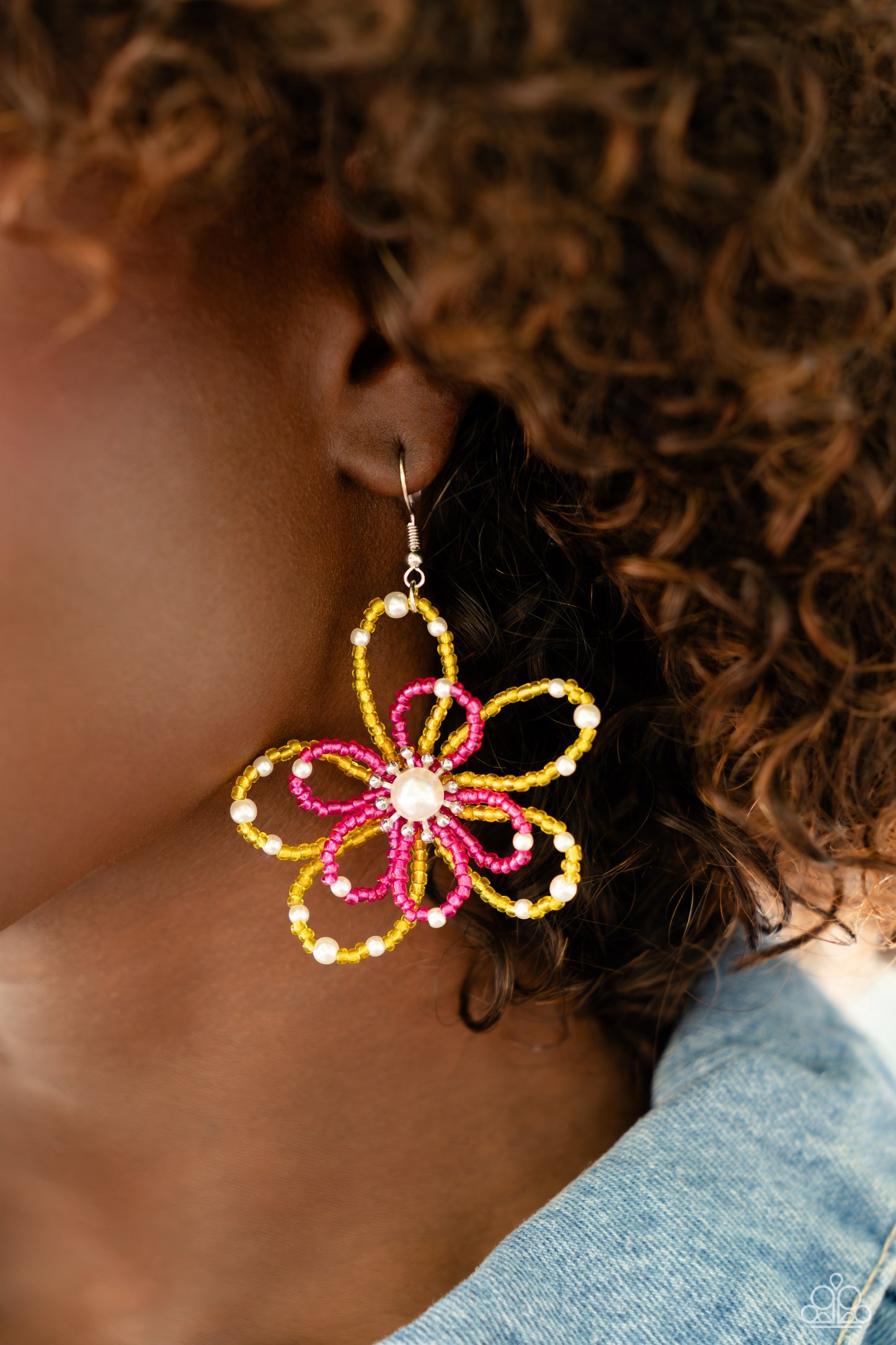 Paparazzi Accessories PEARL Crush - Yellow A glossy white pearl blooms from the center of a layered Pink Peacock and High Visibility glassy seed bead flower, infused with additional dainty white pearls, creating a colorful floral frame. Earring attaches t