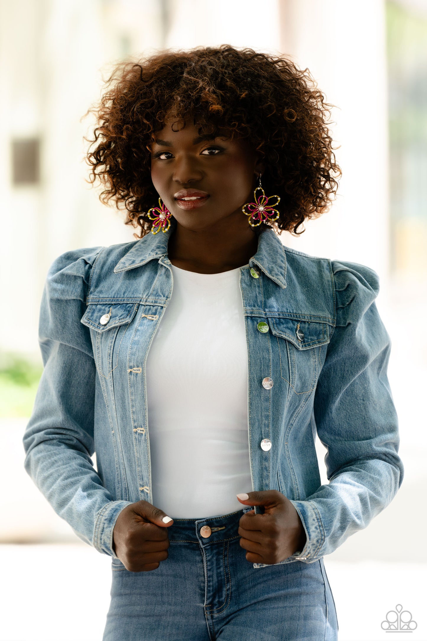 Paparazzi Accessories PEARL Crush - Yellow A glossy white pearl blooms from the center of a layered Pink Peacock and High Visibility glassy seed bead flower, infused with additional dainty white pearls, creating a colorful floral frame. Earring attaches t