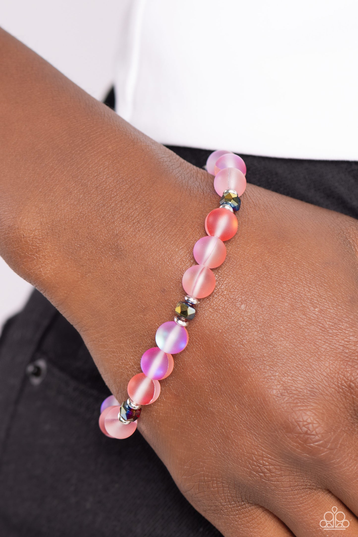 Paparazzi Accessories Mermaid Mirage - Red Infused with silver accents and faceted red beads, a dreamy collection of frosted glassy red beads is threaded along a stretchy band around the wrist for an enchanting glow. Sold as one individual bracelet. Jewel