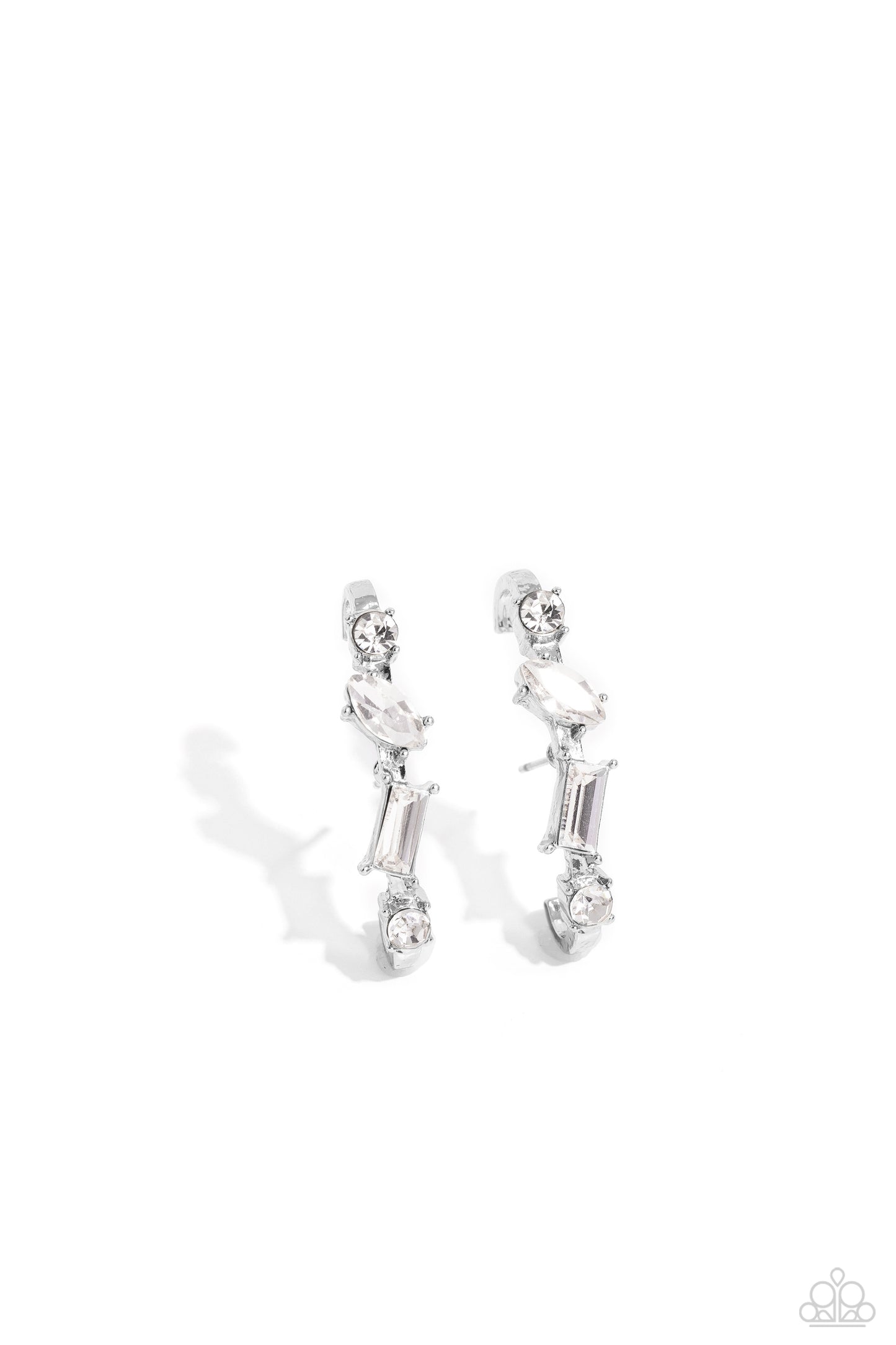 Paparazzi Accessories Sliding Shimmer - White A glassy collection of white round, marquise-cut, and emerald-cut rhinestones and gems are pronged in place along a curved silver bar. Features a sleek surface for sliding ability to desired position on the ea