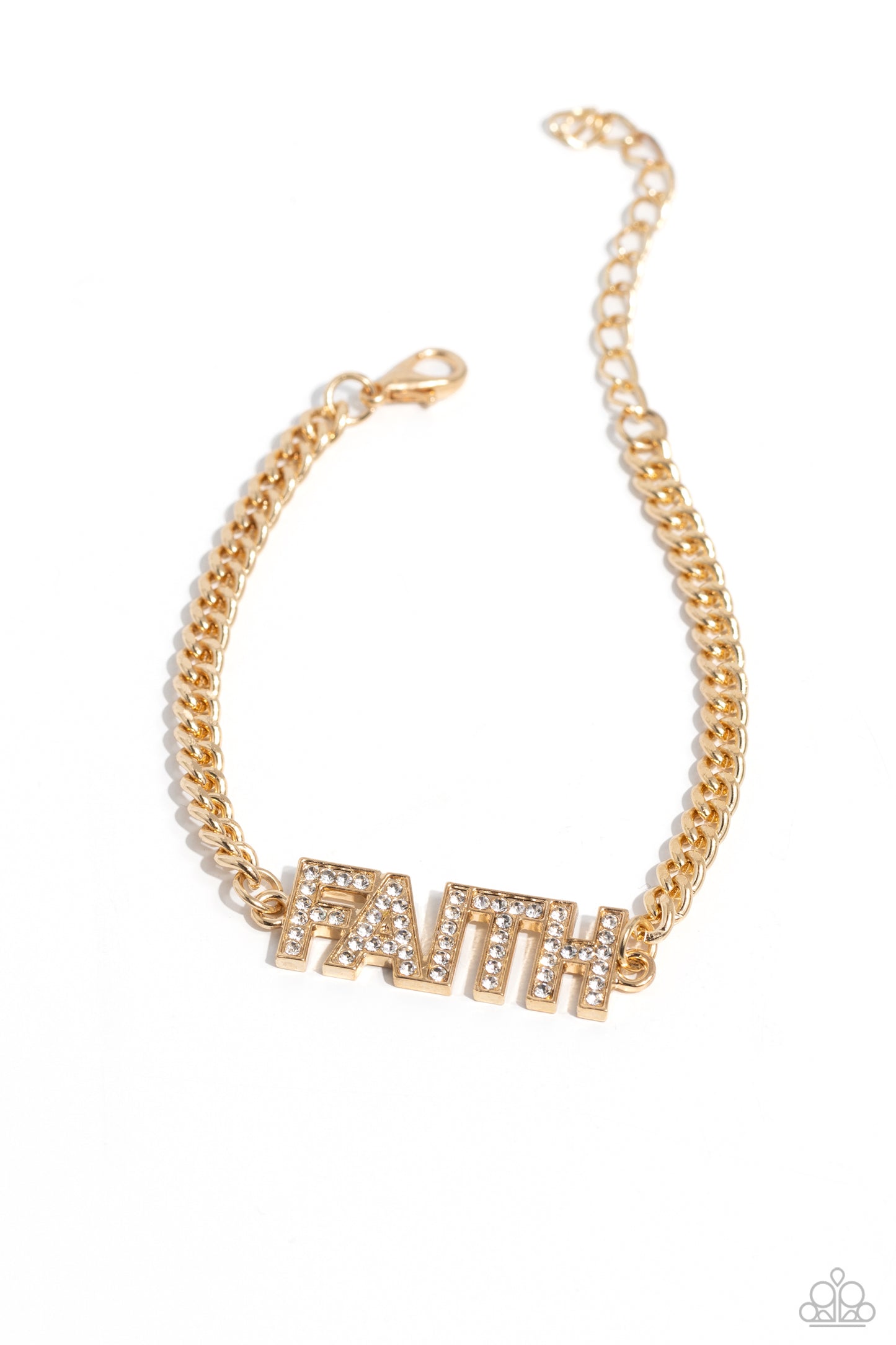 Paparazzi Accessories Faithful Finish - Gold Encrusted in glassy white rhinestones, gold letter frames spell out the word "FAITH" along a classic gold chain for an inspirational finish around the wrist. Features an adjustable clasp closure. Sold as one in