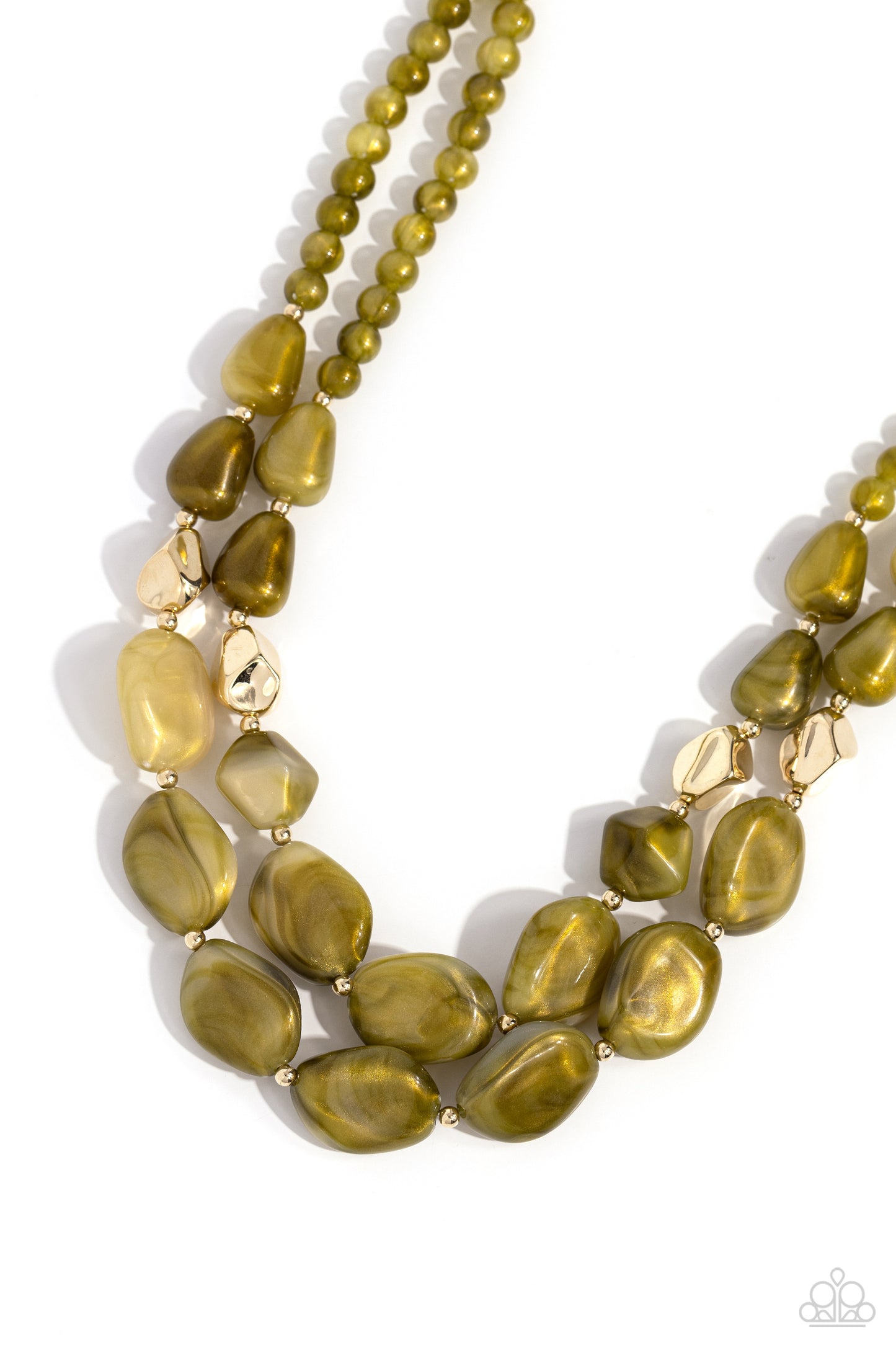 Paparazzi Accessories Seize the Statement - Green Varying in shape and opacity, a refreshing collection of sparkle-infused green beads layer below the collar for a boldly colorful look. Accents of faceted gold beads and gold studs are infused throughout t