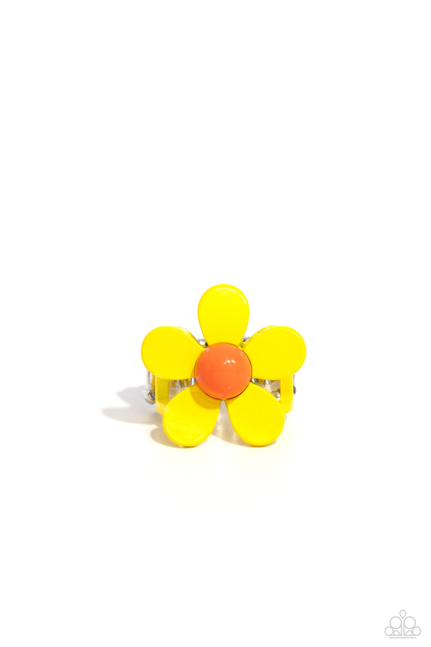 Paparazzi Accessories Groovy Genre - Yellow Featuring an orange center, yellow-painted petals bloom atop airy yellow bands, coalescing into a colorful floral centerpiece. Features a stretchy band for a flexible fit. Sold as one individual ring. Jewelry