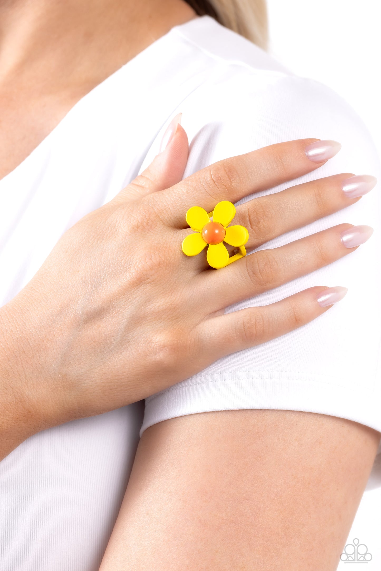 Paparazzi Accessories Groovy Genre - Yellow Featuring an orange center, yellow-painted petals bloom atop airy yellow bands, coalescing into a colorful floral centerpiece. Features a stretchy band for a flexible fit. Sold as one individual ring. Jewelry