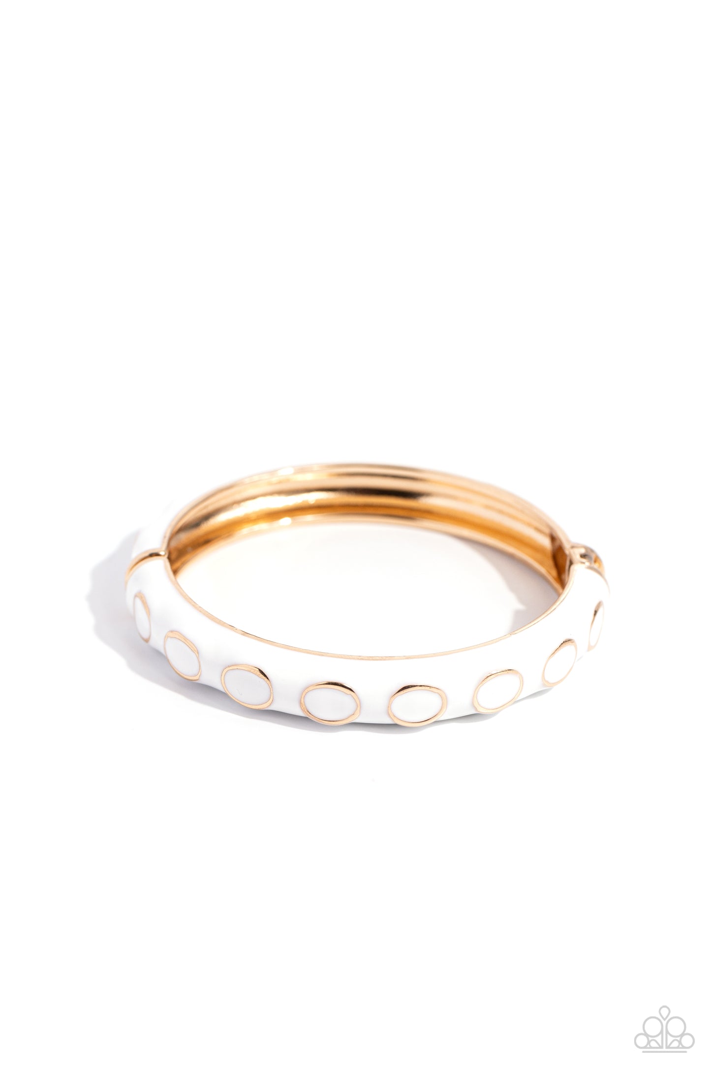 Paparazzi Accessories Delightful Diversion - White Embedded along a white-painted, scalloped cuff, sleek gold rings dot across the center of the wrist for a versatile pop of color. Features a hinged closure. Sold as one individual bracelet. Jewelry
