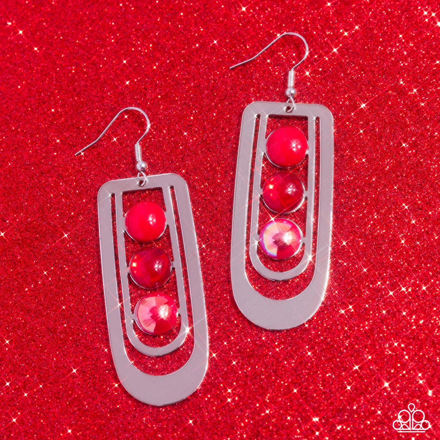 Paparazzi Accessories Layered Lure - Red Red acrylic, red opal, and red UV-splashed beads are set in the center of two overlapping silver U-shaped frames, creating a rippling lure. Earring attaches to a standard fishhook fitting. Sold as one pair of earri