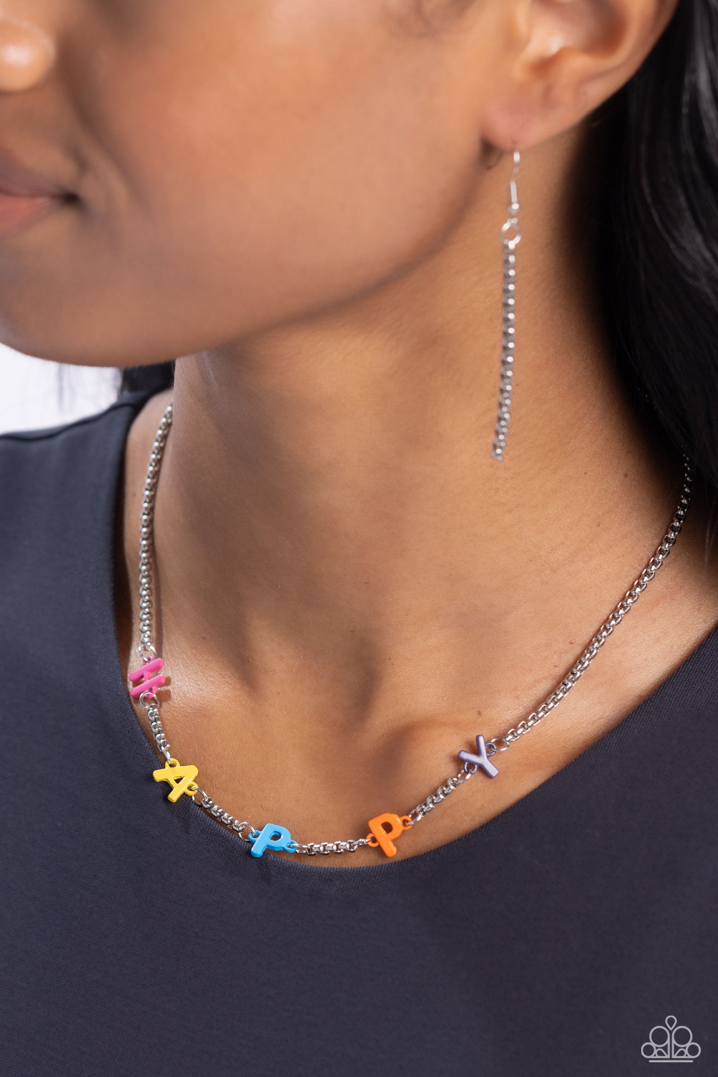 Paparazzi Accessories Joyful Radiance - Multi Infused along a silver popcorn chain, multicolored-painted letters spell out the phrase "HAPPY" for an optimistic style. Features an adjustable clasp closure. Sold as one individual necklace. Includes one pair