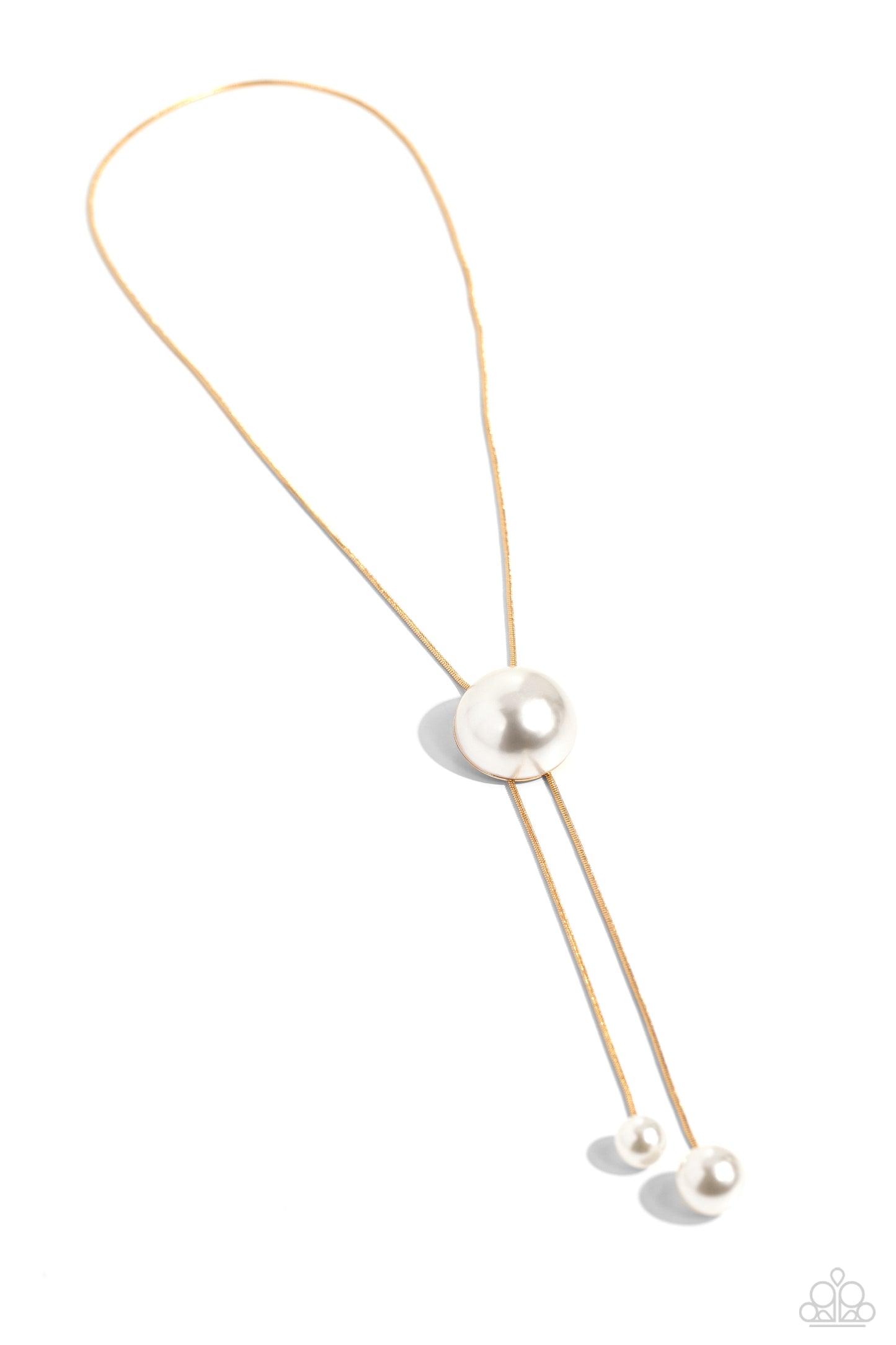 Paparazzi Accessories Corporate Couture - Gold An exaggeratedly large white half-pearl overlaps into an adjustable pendant along a gold snake chain for a refined, business-inspired look. Two smaller white pearls dangle below the exaggerated pearl setting