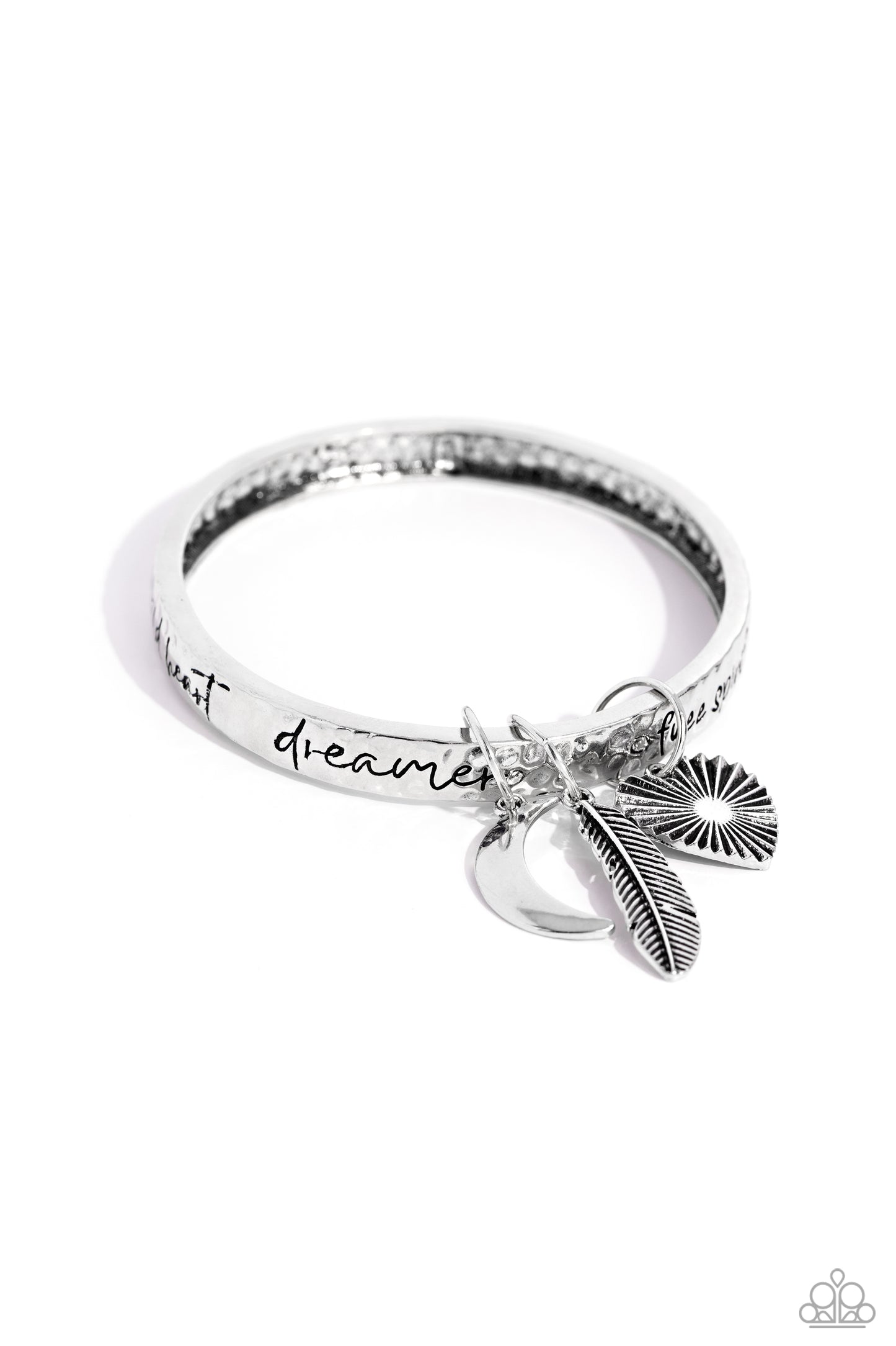 Paparazzi Accessories Free-Spirited Fantasy - Silver A hammered silver bangle featuring a textured feather, sleek crescent moon, and textured heart charms wraps around the wrist for an artisan-inspired fashion. Painted in a black hue, the phrases “free sp