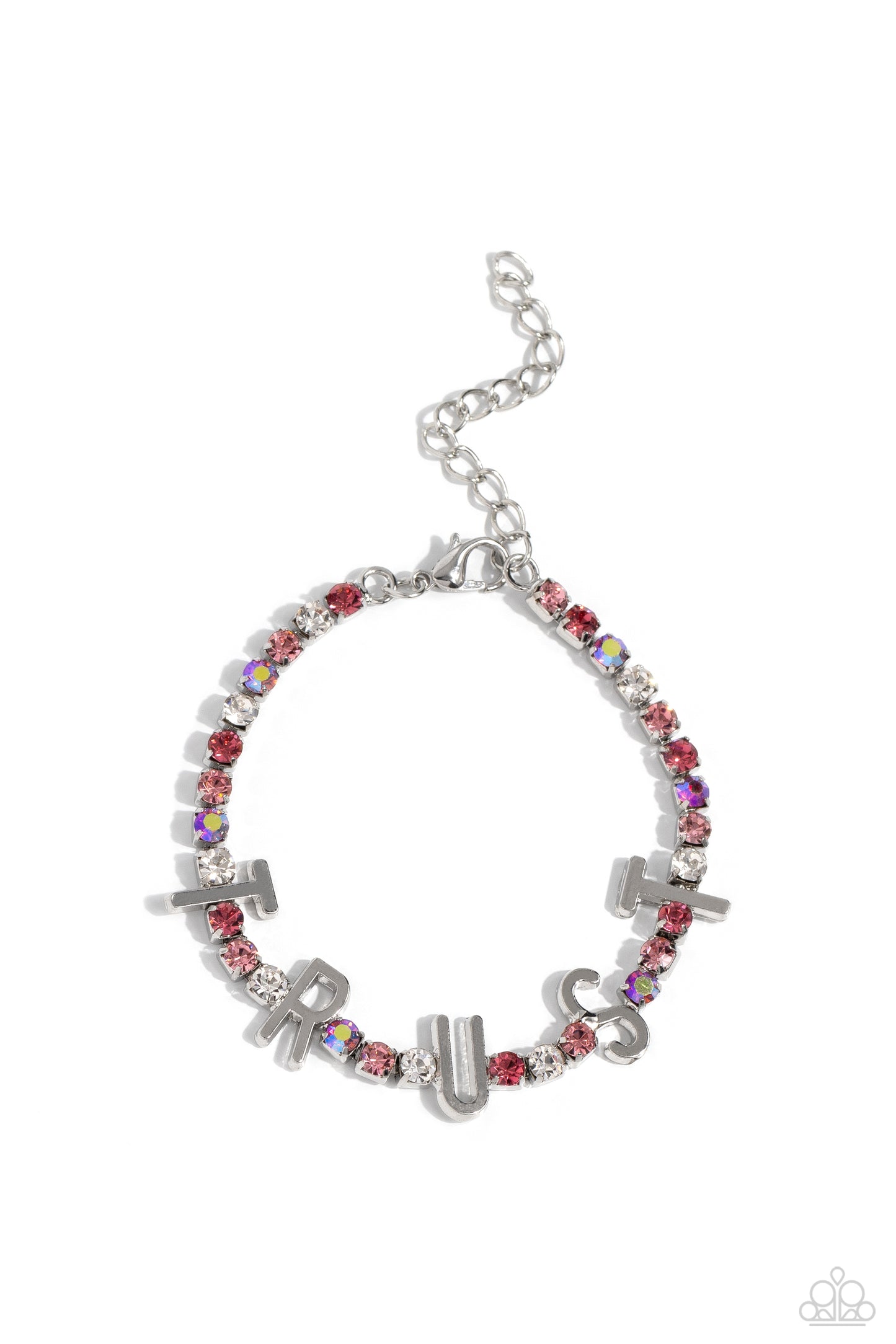 Paparazzi Accessories I Will Trust In You - Pink Set in silver square fittings, various pink, pink iridescent, and white rhinestones gleam around the wrist. Infused along the design, sleek silver letters spell out the word "TRUST" for an inspirational fin