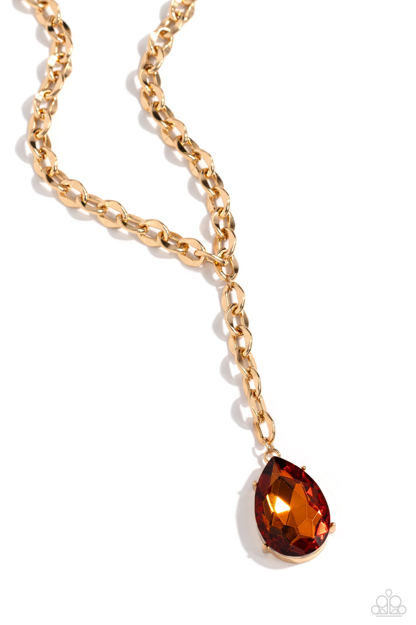 Paparazzi Accessories Benevolent Bling - Gold Set in an elevated gold-pronged frame, a faceted topaz teardrop gem cascades from an oblong, abstract gold ring chain that extends past the collar for a blinding statement. Features an adjustable clasp closure
