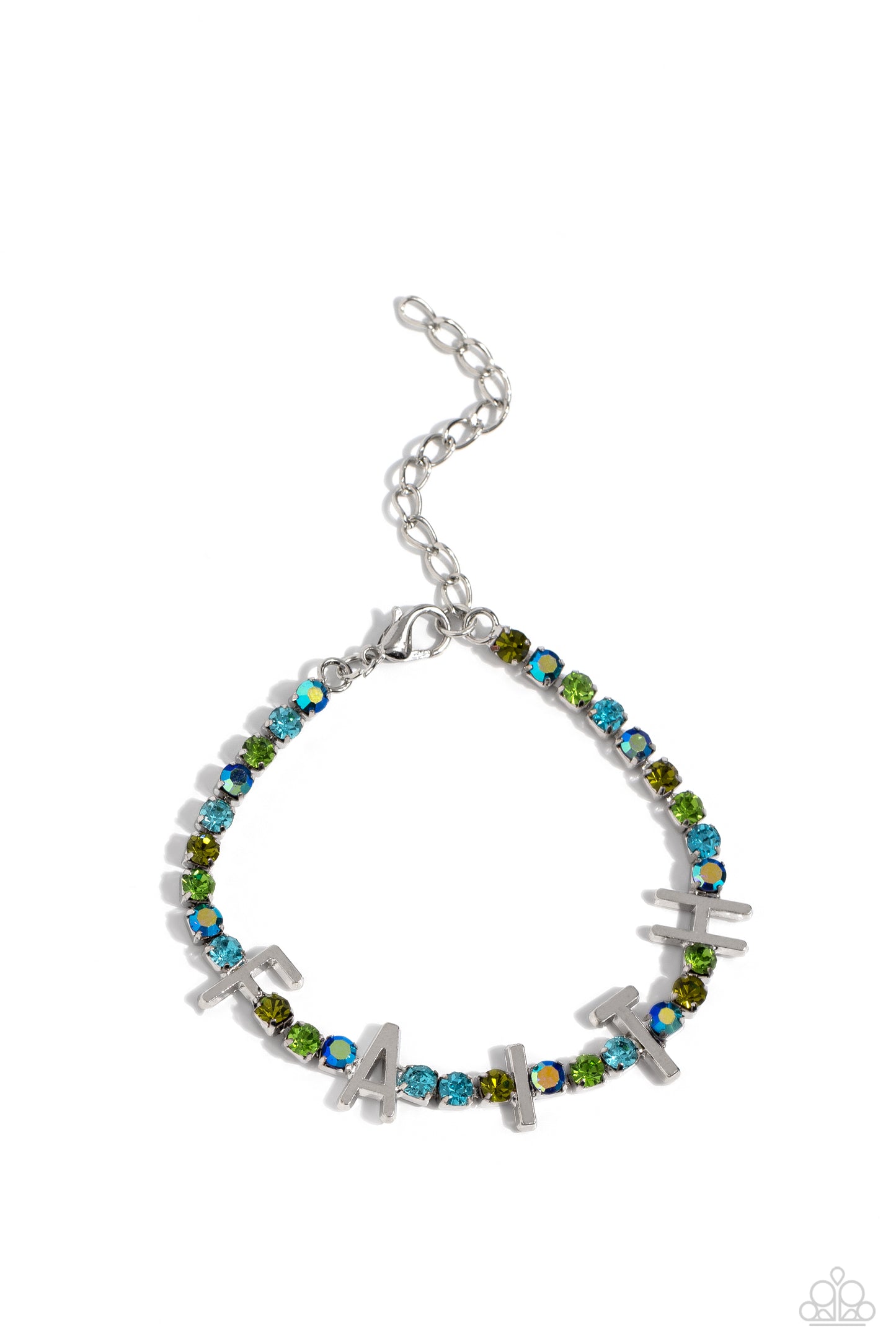 Paparazzi Accessories In Good Faith - Multi Set in silver square fittings, various multicolored rhinestones gleam around the wrist. Infused along the design, sleek silver letters spell out the word "FAITH" for an inspirational finish. Features an adjustab