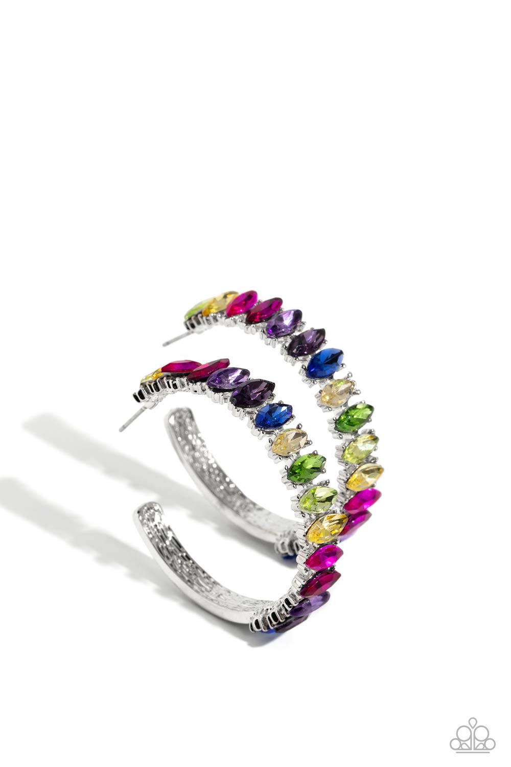 Paparazzi Accessories Rainbow Range - Multi Dazzling colorful marquise-cut gems fall in line along the front edge of a classic silver hoop. The exposed edges create a gritty silhouette, beautifully contrasting with the blinding shimmer of the gems in a st