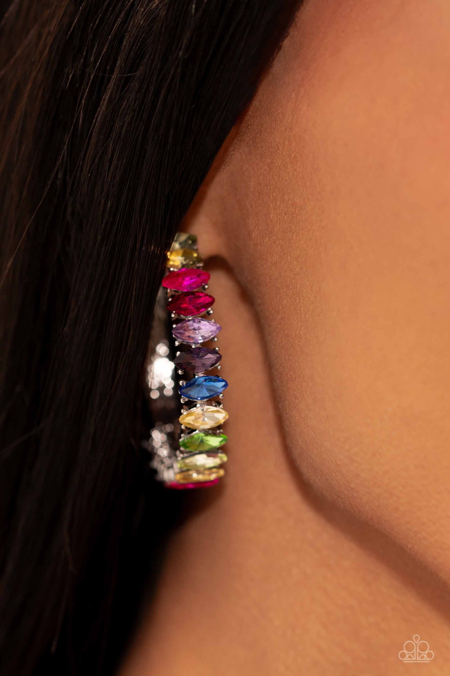 Paparazzi Accessories Rainbow Range - Multi Dazzling colorful marquise-cut gems fall in line along the front edge of a classic silver hoop. The exposed edges create a gritty silhouette, beautifully contrasting with the blinding shimmer of the gems in a st