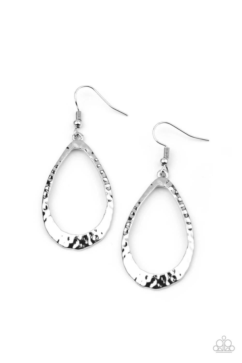 Paparazzi Accessories BEVEL-headed Brilliance - Silver Hammered in blinding shimmer, a beveled silver teardrop frame swings from the ear for a classic look. Earring attaches to a standard fishhook fitting.Sold as one pair of earrings. Jewelry