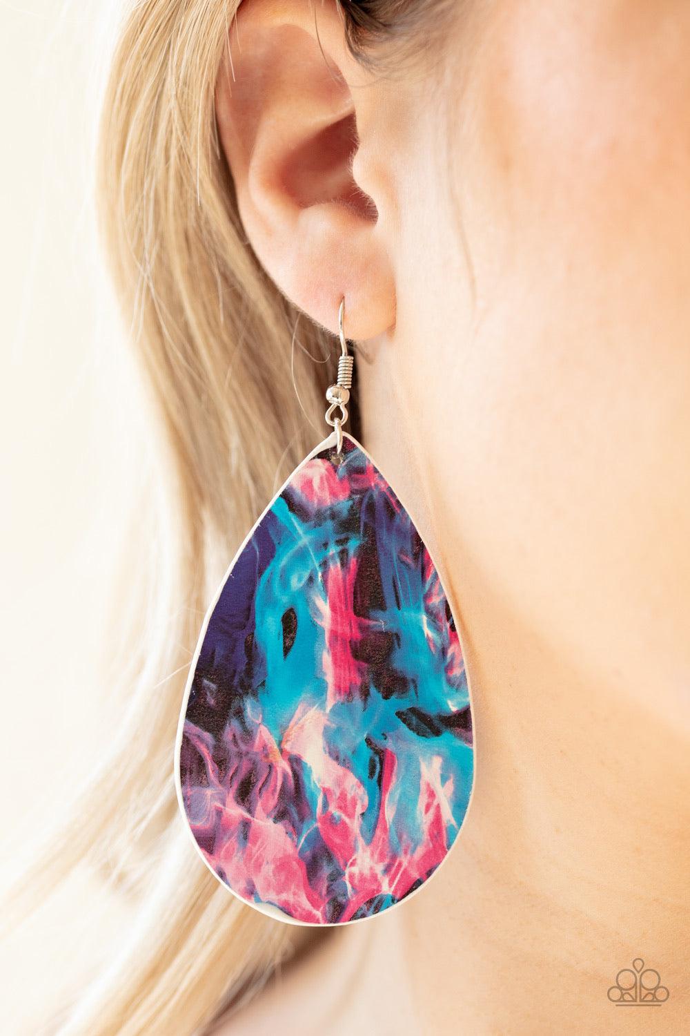 Paparazzi Accessories Mosaic Chic - Multi Featuring a colorful watercolor pattern, a white leather teardrop swings from the ear for a seasonal look. Earring attaches to a standard fishhook fitting. Jewelry