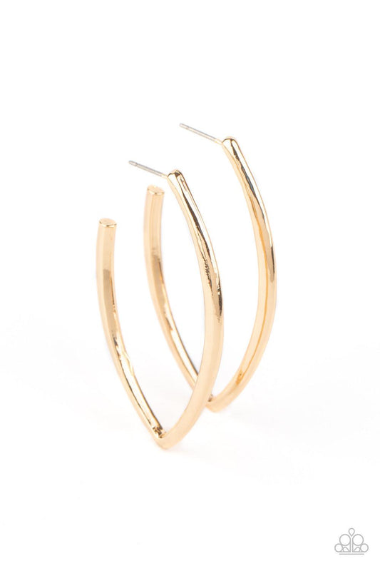 Paparazzi Accessories Point-Blank Beautiful - Gold A glistening gold bar sharply curves into an abstract hoop for an edgy finish. Earring attaches to a standard post fitting. Hoop measures approximately 1" in diameter. Sold as one pair of hoop earrings. J