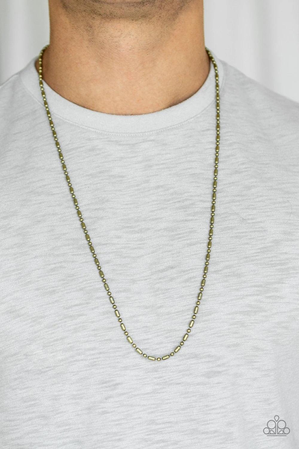 Paparazzi Accessories Covert Operation - Brass Brushed in an antiqued finish, a dainty brass ball and bar chain drapes across the chest for a casual look. Features an adjustable clasp closure. Jewelry