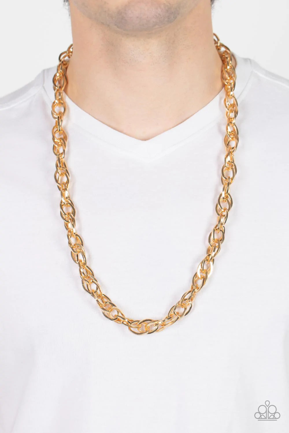 Paparazzi Accessories Custom Couture - Gold An oversized assortment of gold oval links daringly interlocks across the chest, creating a bold metallic statement. Features an adjustable clasp closure. Sold as one individual necklace. Necklaces