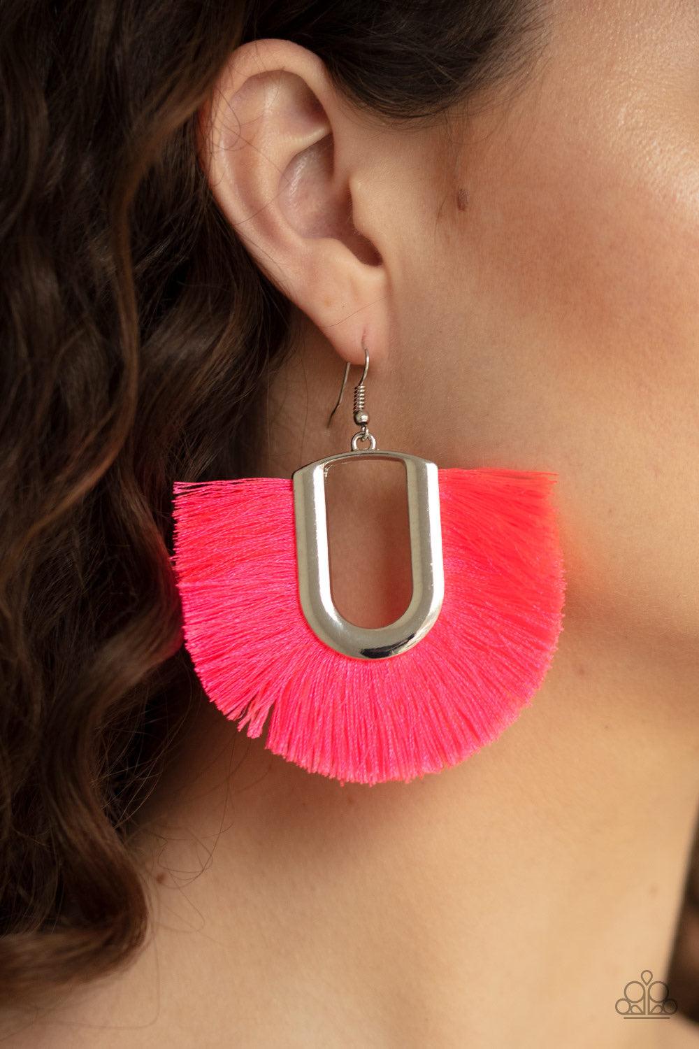 Paparazzi Accessories Tassel Tropicana - Pink Neon pink thread fans out from a striking silver fitting, creating a vivacious fringe. Earring attaches to a standard fishhook fitting. Jewelry