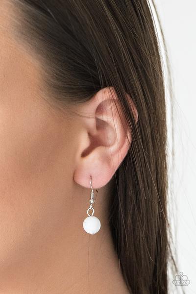 Paparazzi Accessories Bubbly Bright - White Infused with shimmery silver hoops, glassy and polished white beads trickle along glistening silver chains for a bubbly look. Features an adjustable clasp closure.Sold as one individual necklace. Includes one pa