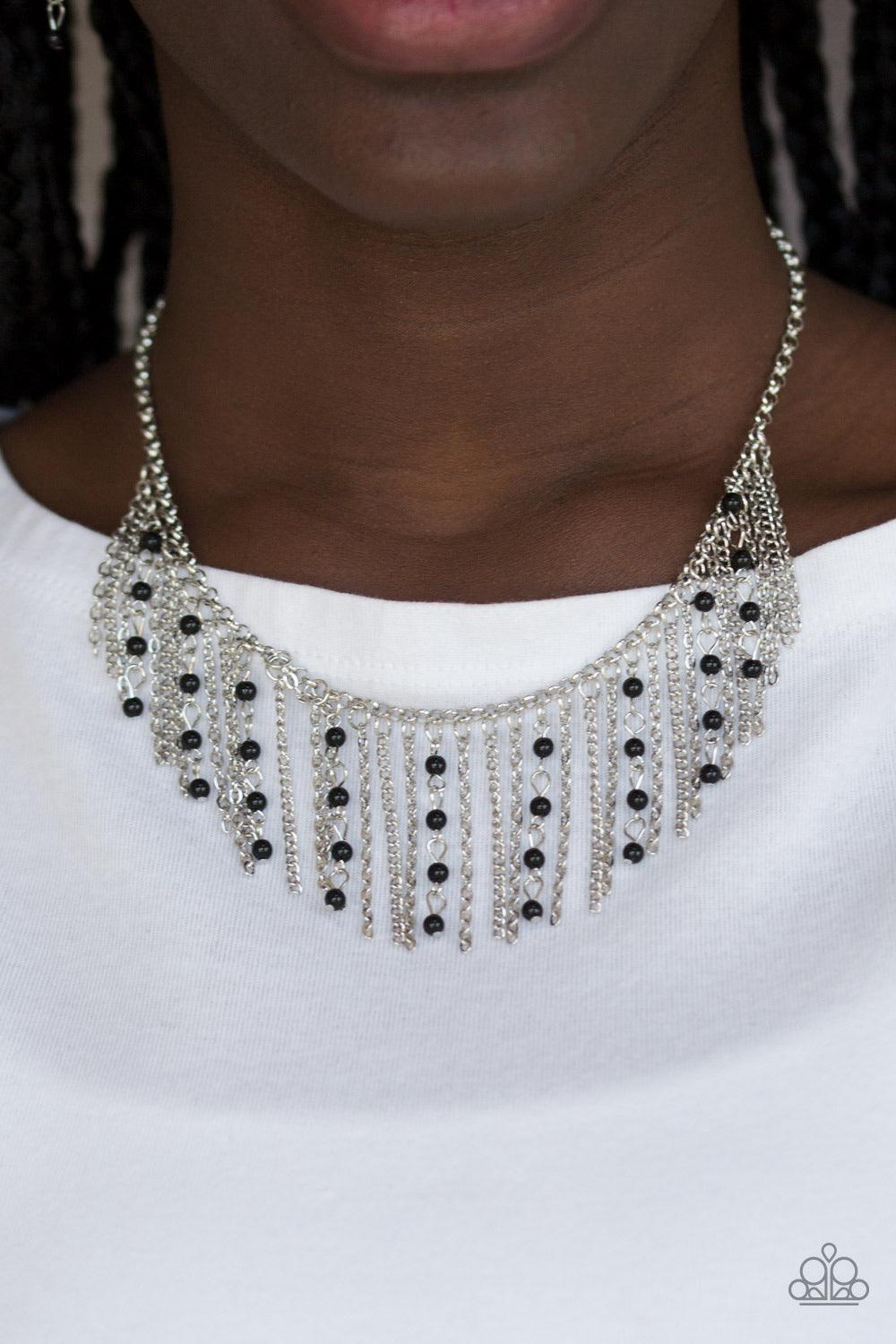 Paparazzi Accessories Harlem Hideaway - Black Infused with black beaded tassels, shimmery silver chains stream below the collar, creating a colorful fringe. Features an adjustable clasp closure. Jewelry