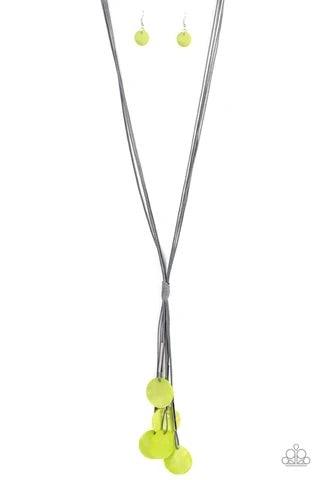 Paparazzi Accessories Tidal Tassels - Green Featuring cylindrical silver accents, iridescent lime green shell-like discs swing from the ends of knotted Ultimate Gray cords, creating a colorful tassel. Features an adjustable sliding knot closure. Sold as o