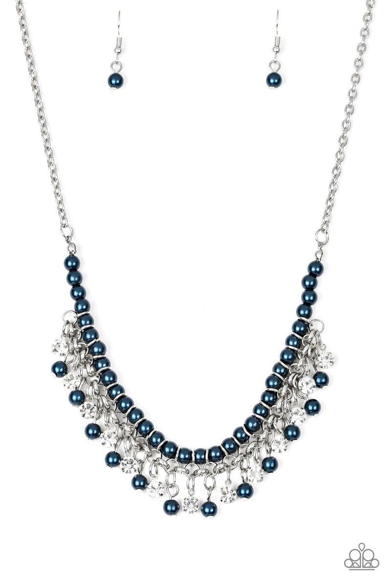 Paparazzi Accessories A Touch of CLASSY - Blue Infused with silver chain, blue pearls are threaded along an invisible wire below the collar. Matching blue pearls and glittery white rhinestones swing from the pearly strand, creating a flirtatious fringe be