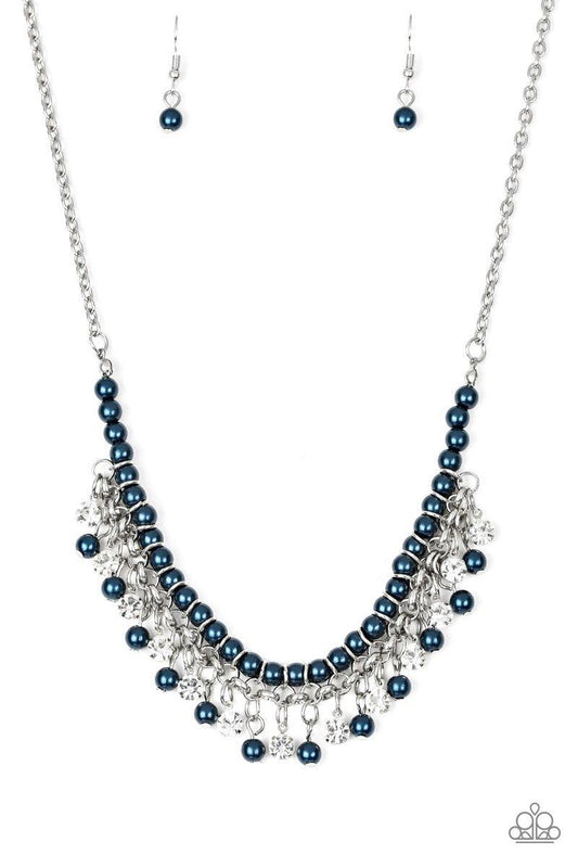 Paparazzi Accessories A Touch of CLASSY - Blue Infused with silver chain, blue pearls are threaded along an invisible wire below the collar. Matching blue pearls and glittery white rhinestones swing from the pearly strand, creating a flirtatious fringe be