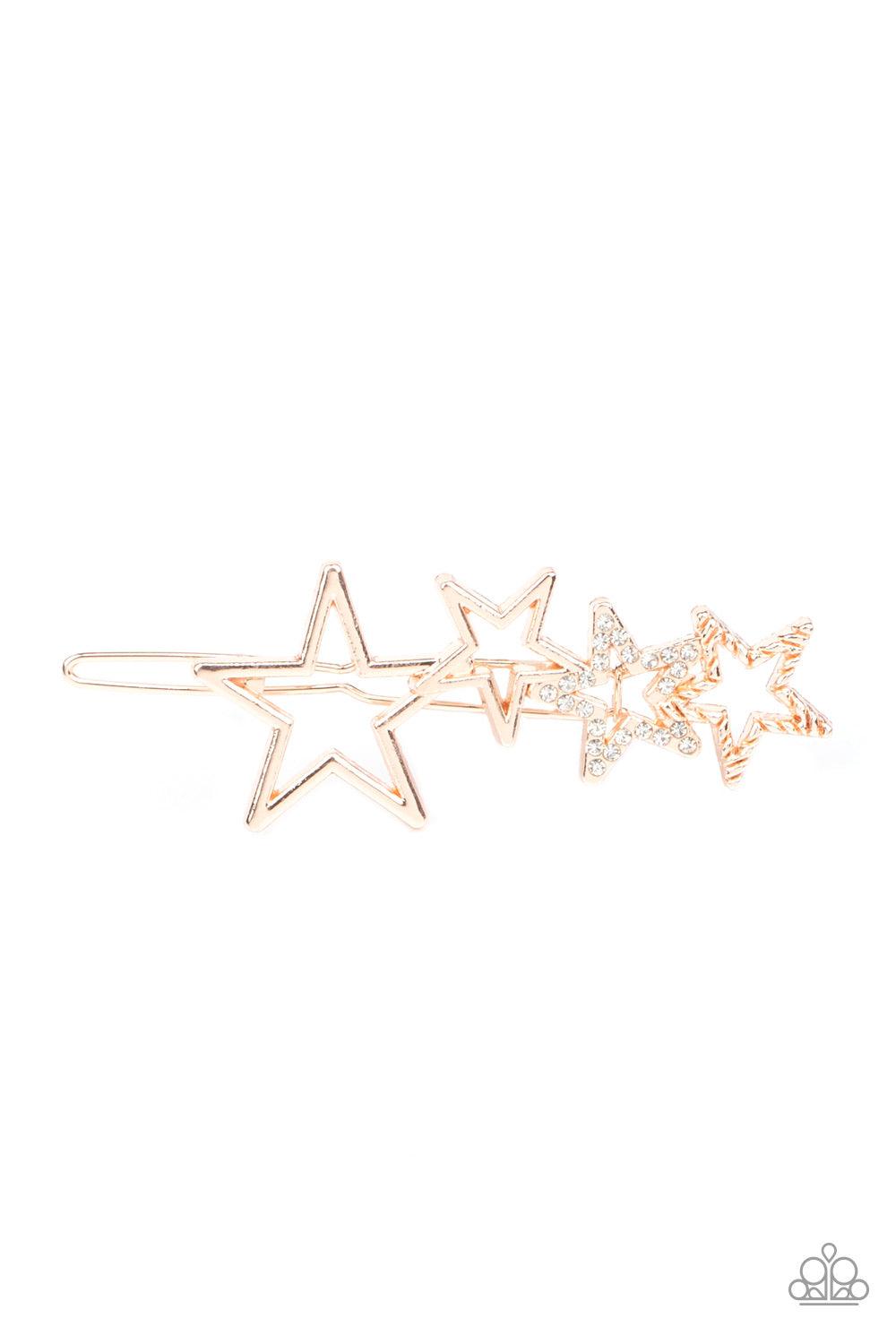 Paparazzi Accessories From STAR to Finish - Gold Featuring shiny, textured, and white rhinestone encrusted finishes, a collection of gold stars coalesce into a stellar frame. Features a clamp barrette closure. Sold as one individual hair clip. Hair Access