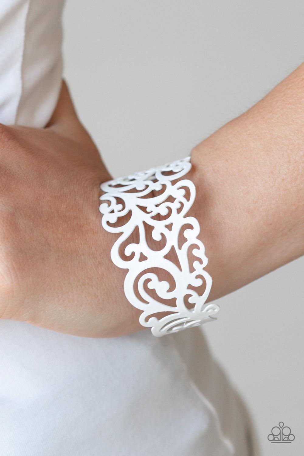 Paparazzi Accessories VINE and Dash - White White vine-like filigree curls around the wrist, coalescing into a seasonal cuff. Sold as one individual bracelet. Jewelry