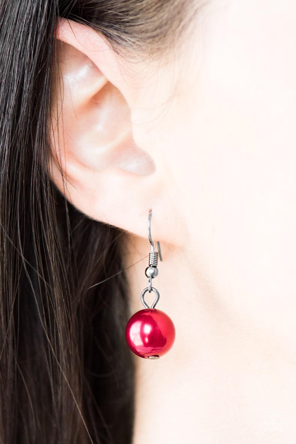 Paparazzi Accessories Time To RUNWAY - Red Glassy, pearly, and faceted crystal-like beading trickle from the bottom of interlocked gunmetal chains, creating a fierce fringe. Features an adjustable clasp closure. Jewelry