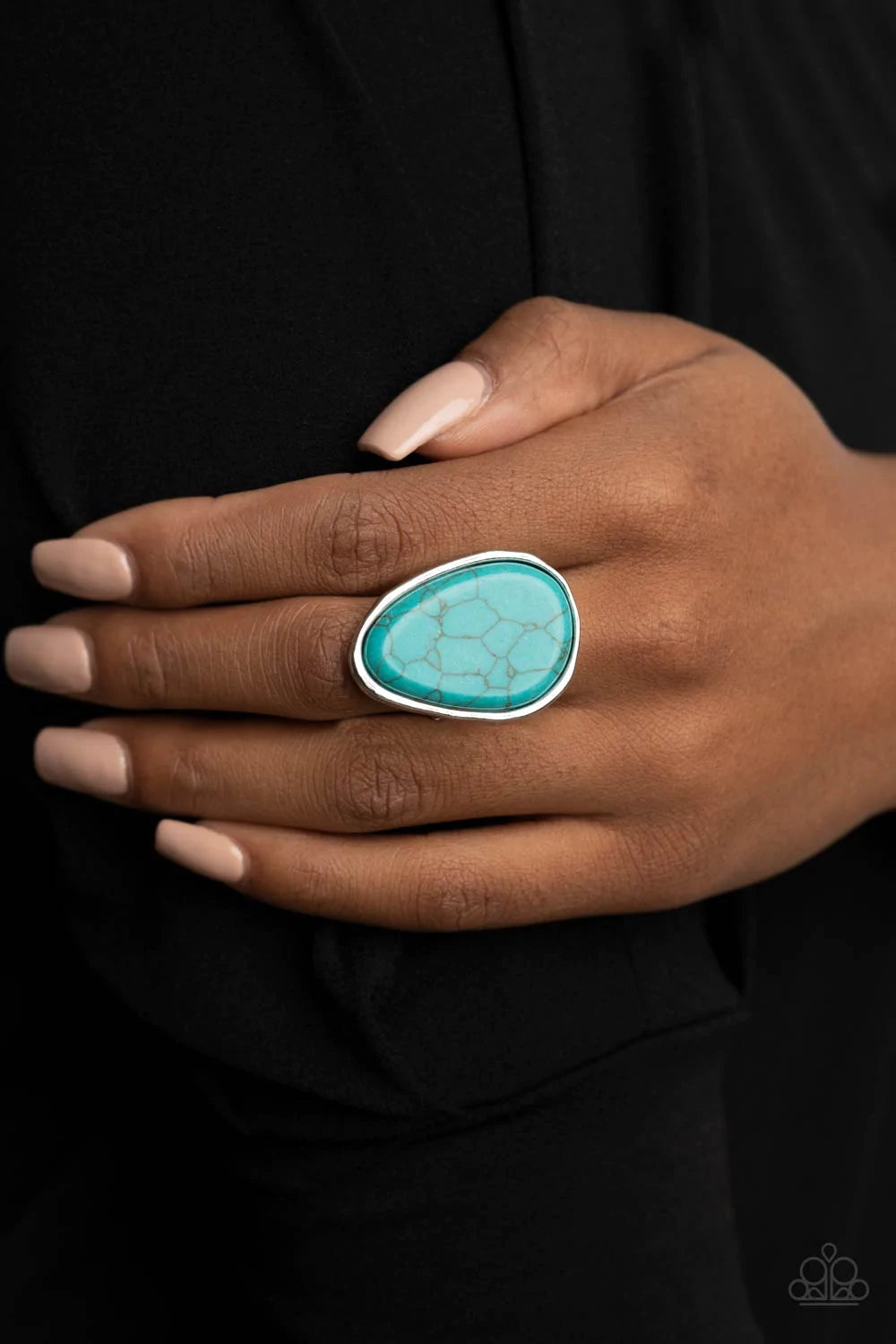 Paparazzi Accessories Marble Mecca - Blue Featuring a faux marble finish, an asymmetrical turquoise stone is encased inside an imperfect silver frame for a simply seasonal look atop the finger. Features a stretchy band for a flexible fit. Sold as one indi