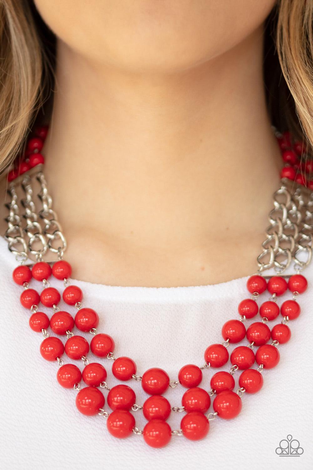 Paparazzi Accessories A La Vogue - Red Sections of thick silver chains and bubbly red beaded rows layer below the collar, creating statement-making layers. Features an adjustable clasp closure. Sold as one individual necklace. Includes one pair of matchin