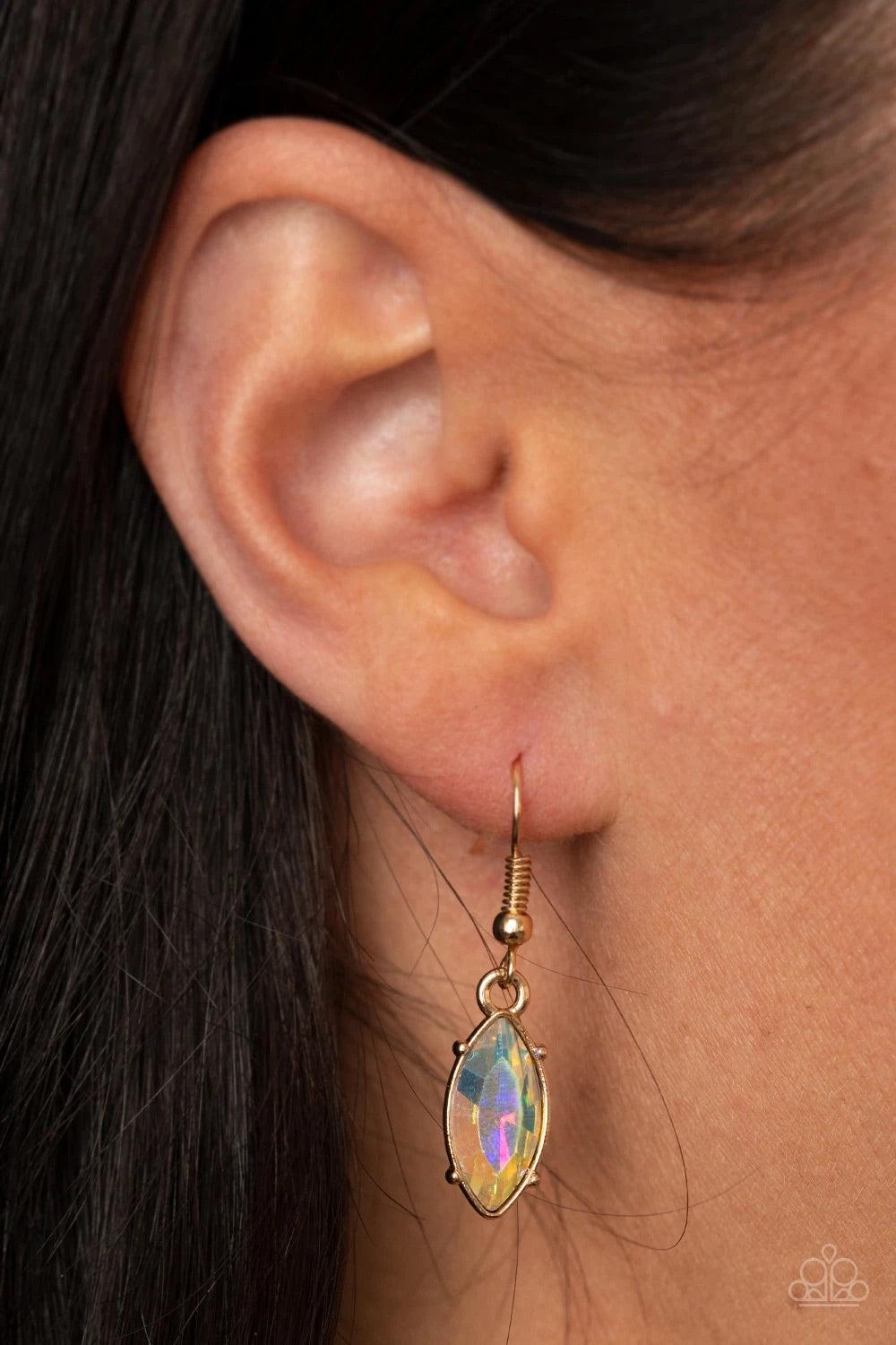 Paparazzi Accessories I Need Some HEIR - Multi Dotted with marquise style metallic iridescent rhinestones, leafy gold frames delicately connect into a vintage inspired pendant below the collar. An oversized metallic iridescent teardrop crowns the golden c